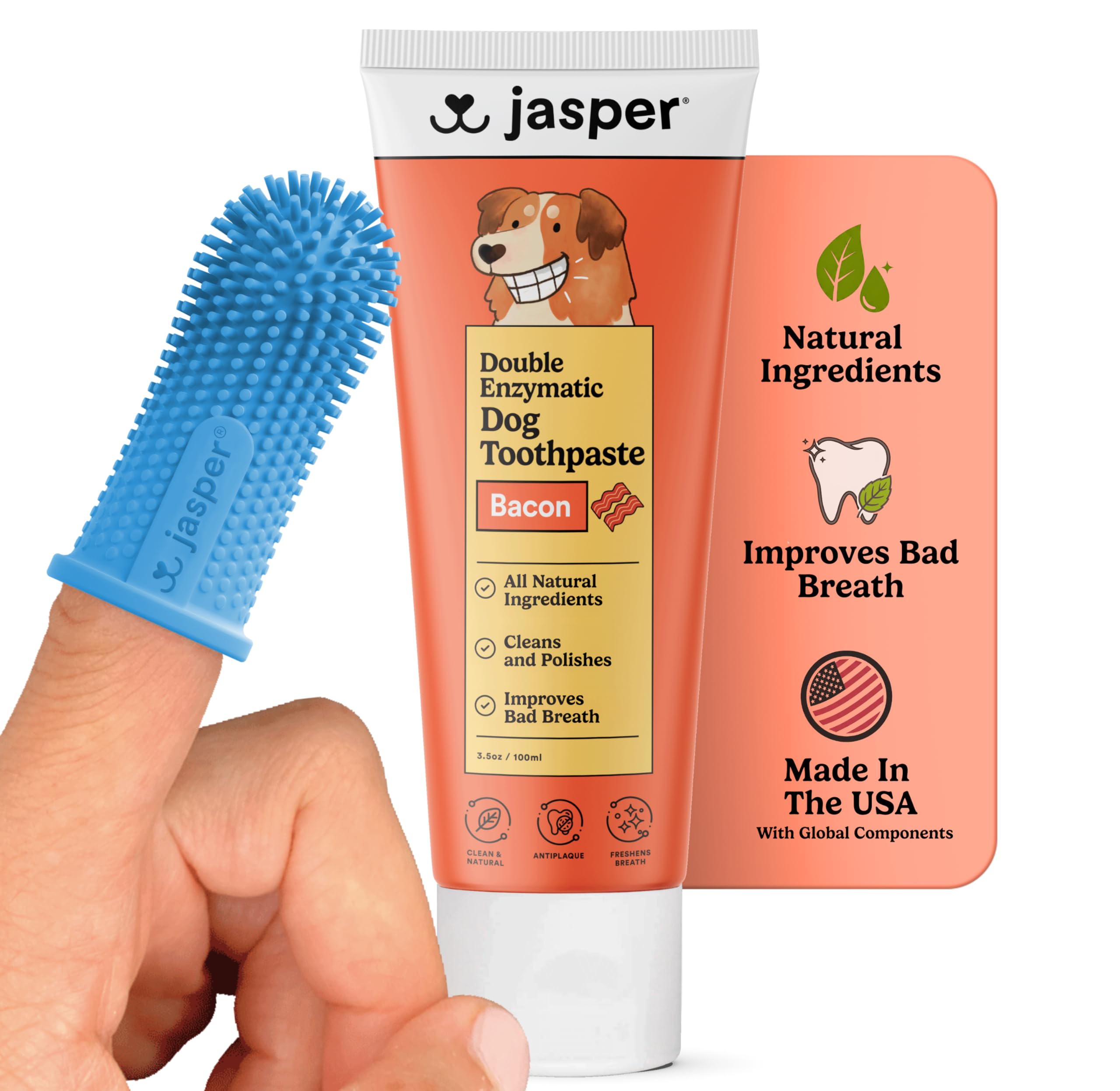 Jasper Dog Tooth Brushing Kit and Dog Toothpaste Kit with Dog Toothbrush Enzymatic, Plaque Remover Imporves Bad Breath Natural Pet Toothpaste Dog Toothbrush and Toothpaste 2 oz Bacon Flavor