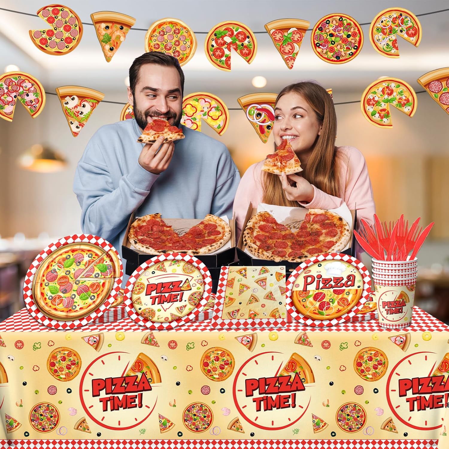 143Pcs Pizza Party Supplies Tableware Set Pizza Birthday Party Decorations Paper Plates and Napkins Cups Tablecloth Banner Cutlery for Kids Birthday Baby Shower Picnics