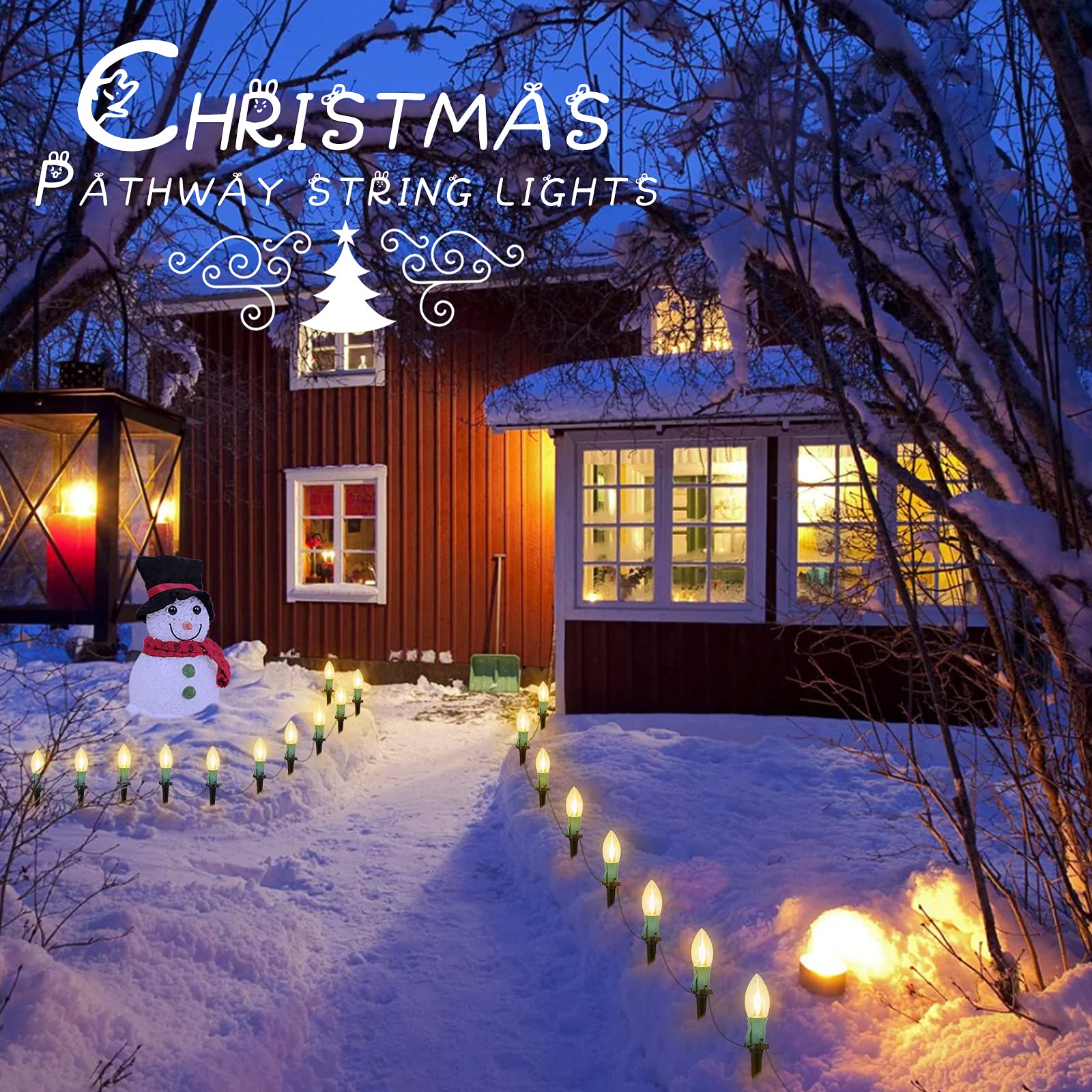 Tira de luces LED estilo sendero de Navidad para exteriores; tira de 20 luces LED C9 de 25.7 pies con 20 estacas conectables y a prueba de agua para interiores, fiestas de Navidad y decoración comercial; luz cálida color blanco 6