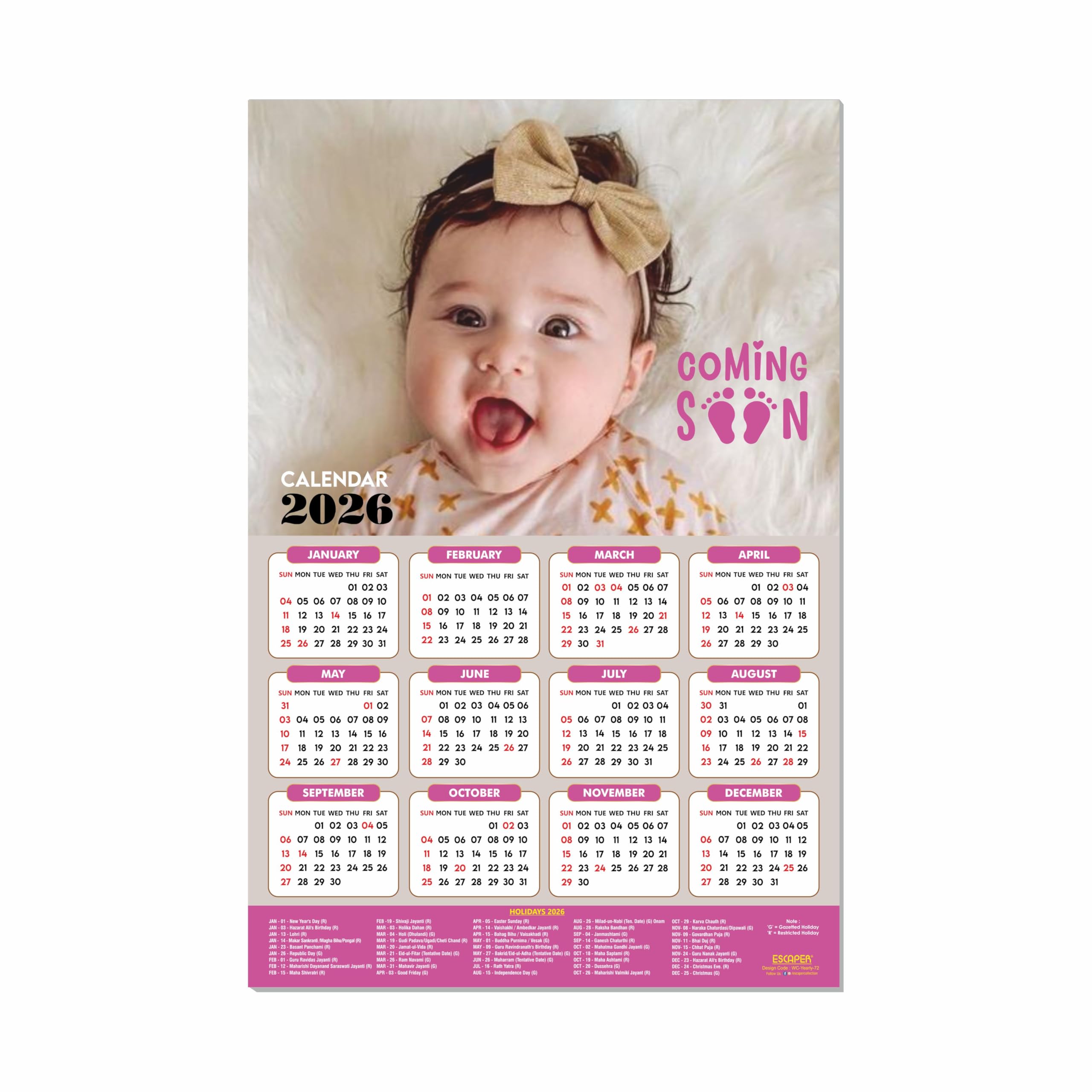 ESCAPER Cute Baby Wall Calendar 2026 for Moms-to-Be (45 x 30 cm) – Adorable Baby Pictures, Photos Hanging Wall Calendar for Pregnant Woman & Room Decoration-image-10