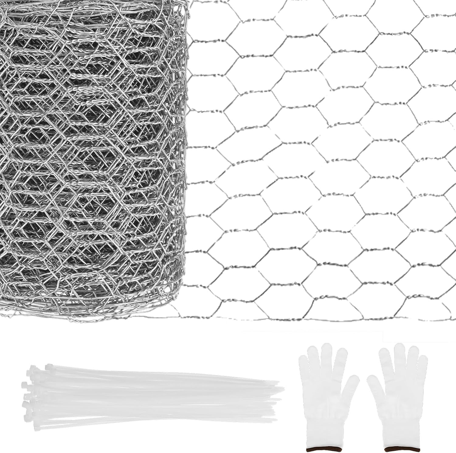 1-Set Chicken Wire Fencing, 13.8 in x 26.2 ft Galvanized Iron Hexagonal Chicken Wire Mesh with Gloves and Garden Ties for Poultry Netting/Garden/Plant Protection [Silver Tone]