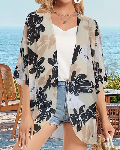 Miniatura 4 de Cárdigan estilo kimono con estampado floral para mujer, con mangas abullonadas, blusa informal, salida de baño