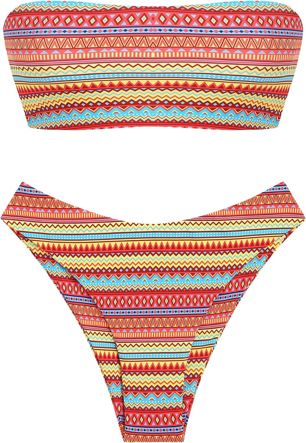 ZAFUL Women Strapless Ribbed High Cut Bandeau Bikini Lace Up 2 Pieces Swimwear