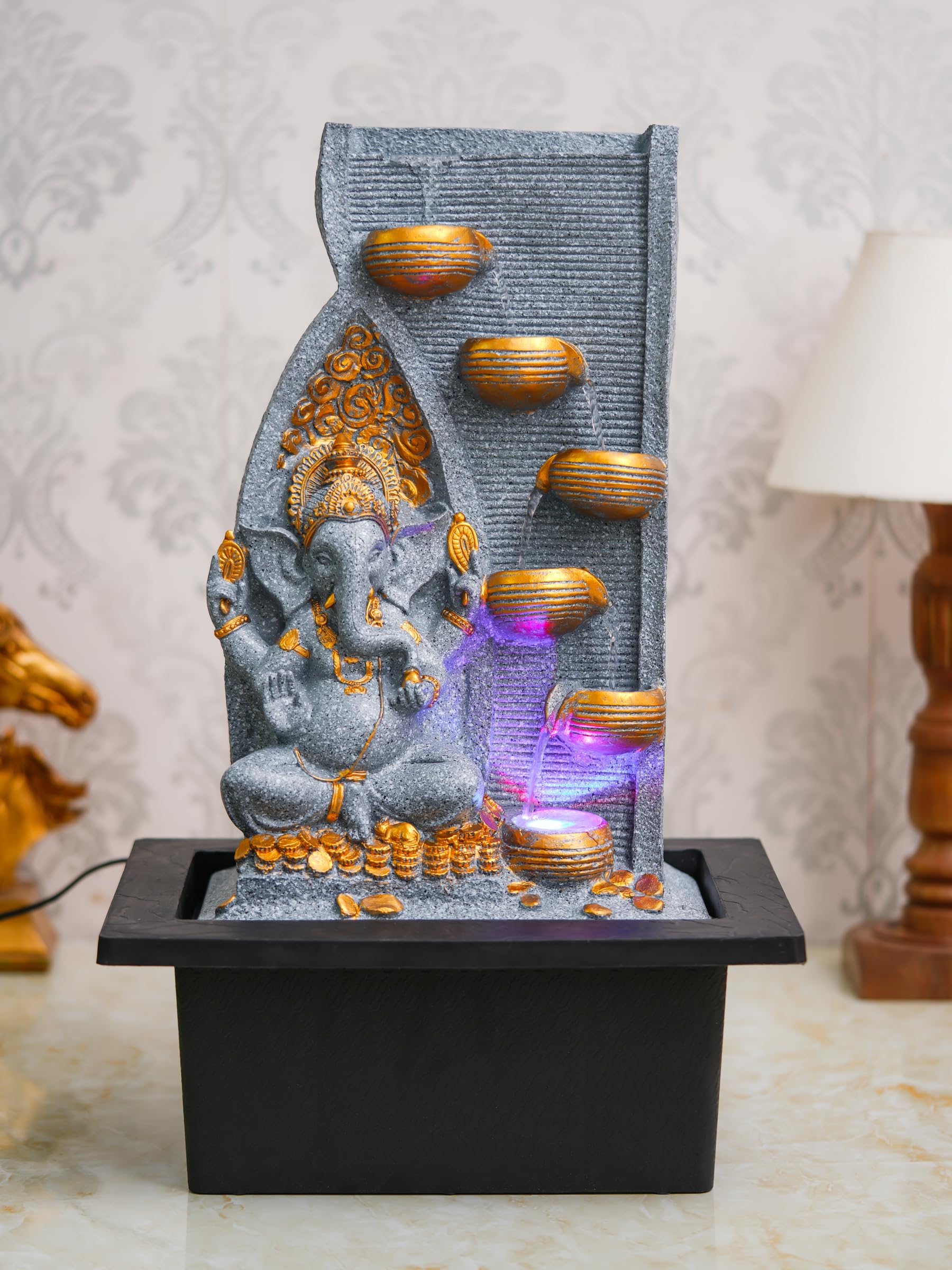 CHRONIKLE Grey Polyresin Tabletop Ganesha 6 Step Indoor Water Fountain for Home Decor with LED, Speed Control Pump (Size: 37 x 28 x 58 CM | Weight: 3000Gram)-image-31