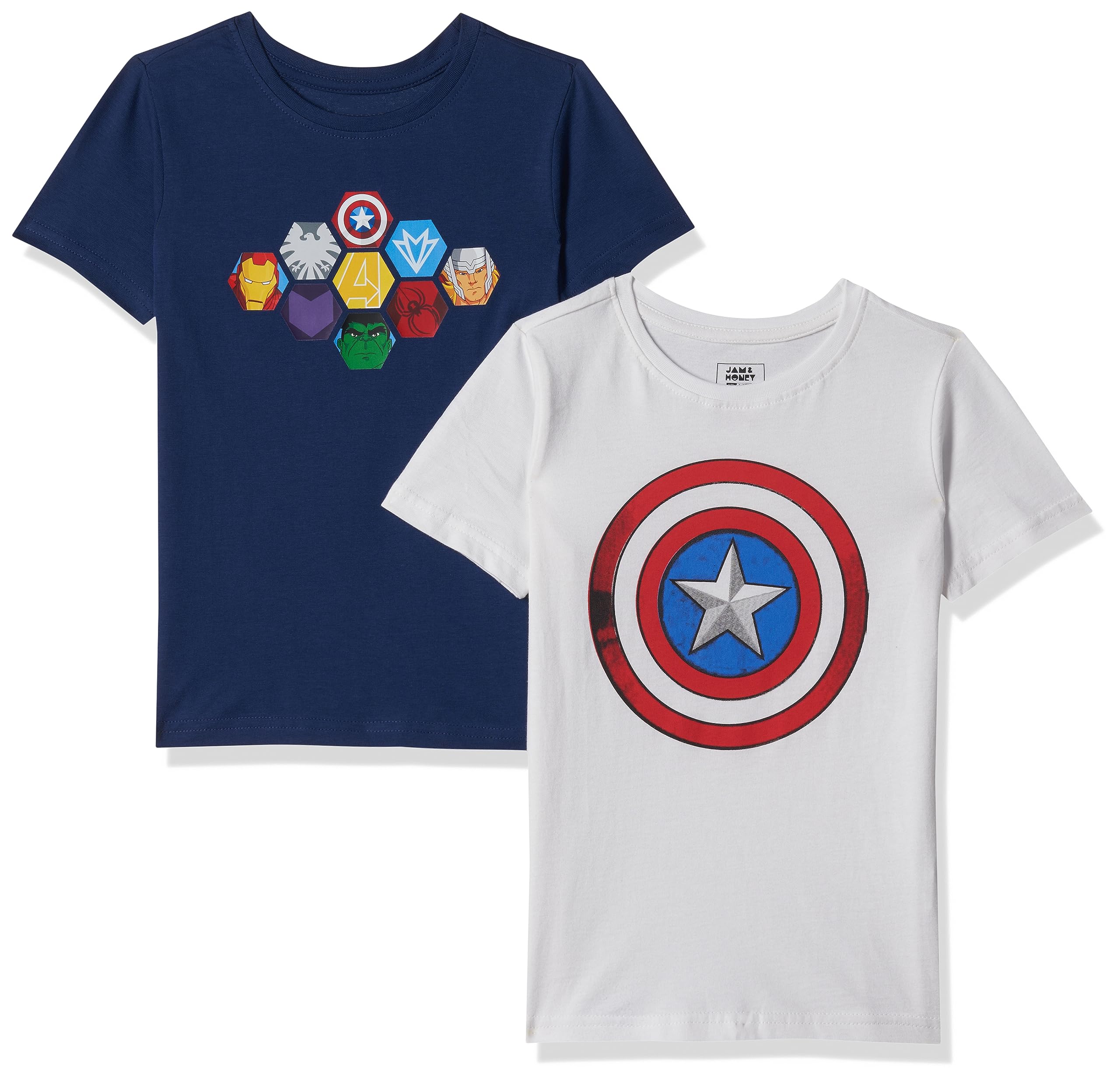 Amazon Brand - Jam & Honey Boy's Graphic Regular Fit Disney/Marvel T-Shirts 100% Cotton (Pack of 2)