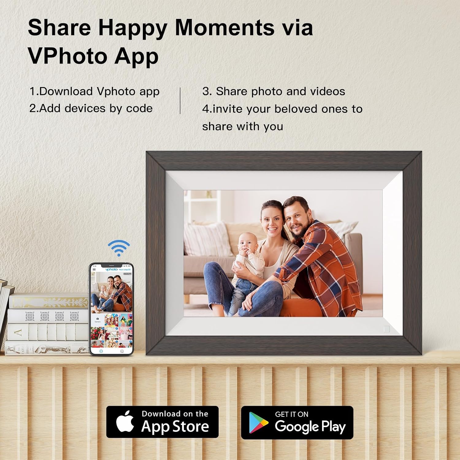 Wireless Digital Photo Frame Wooden Electronic Photo Album - 32GB 10.1-inch Digital Picture Frames, IPS Touch Screen, Motion Sensor, Auto-Rotate, Preload You Can Send Pictures to Loved One, Warm Gifts