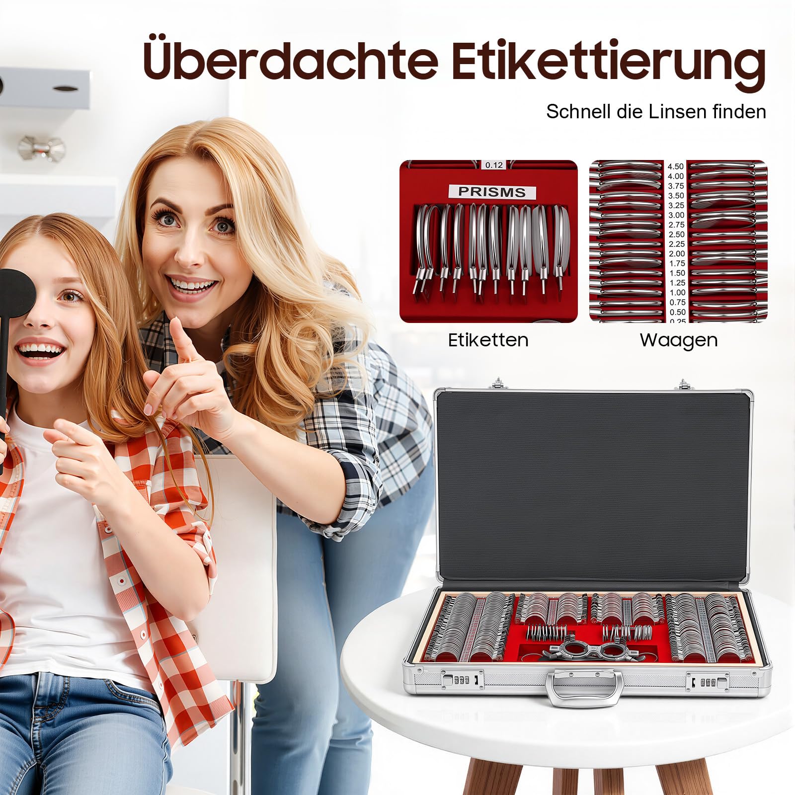 266pcs Testlinsen‑Set, Optometrie‑Kit Sehtestausrüstung Augenoptik‑Zubehör Metallrand‑Glaslinsen Aluminiumetui mit Tragegriff Proberahmen Sphären Zylinder und Prismenlinsen für Optiker Augenkliniken