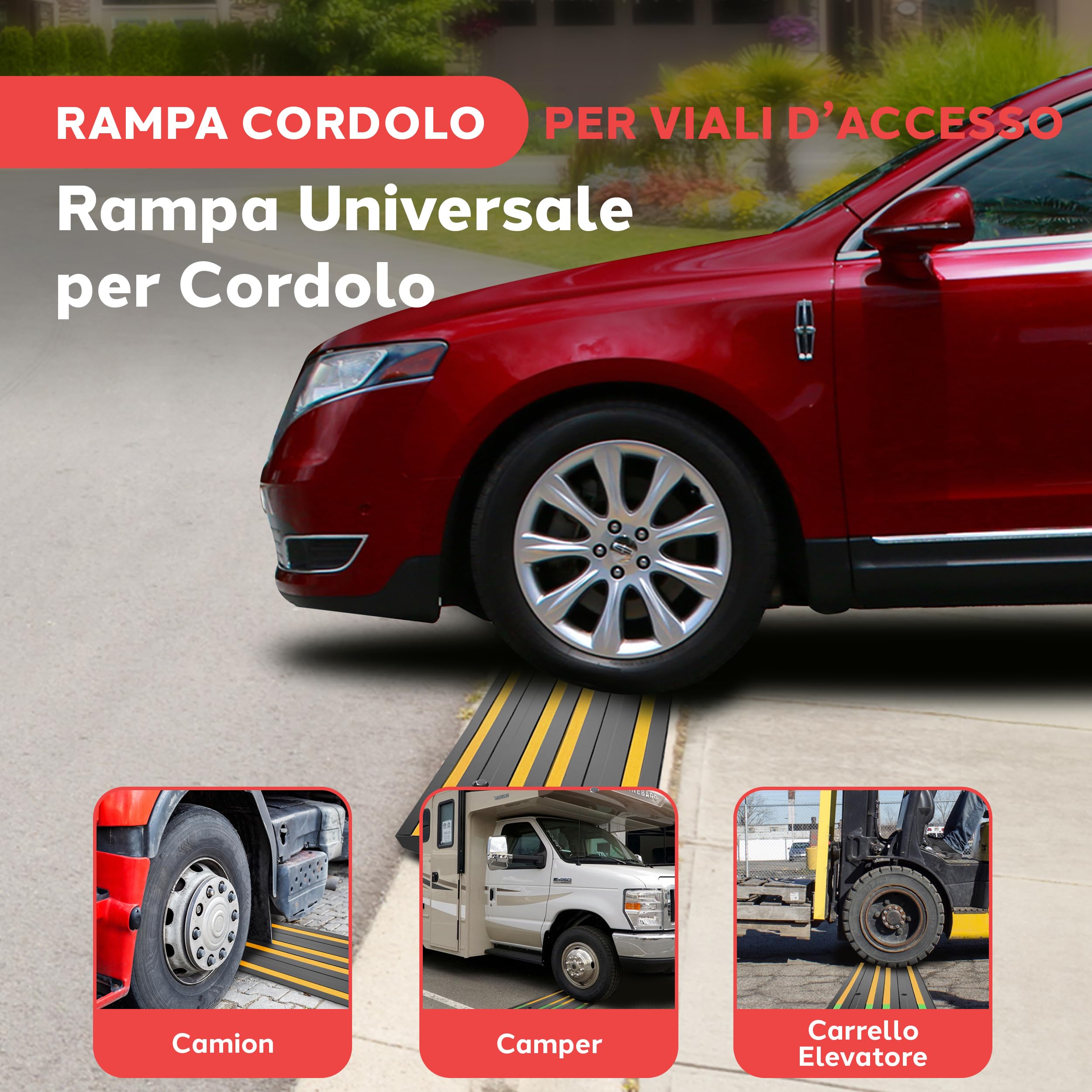 Pyle Rampa Auto in Gomma 120x40x6,5 cm, Rampe per Auto Antiscivolo Impermeabili con Strisce Riflettenti Gialle e Viti di Fissaggio