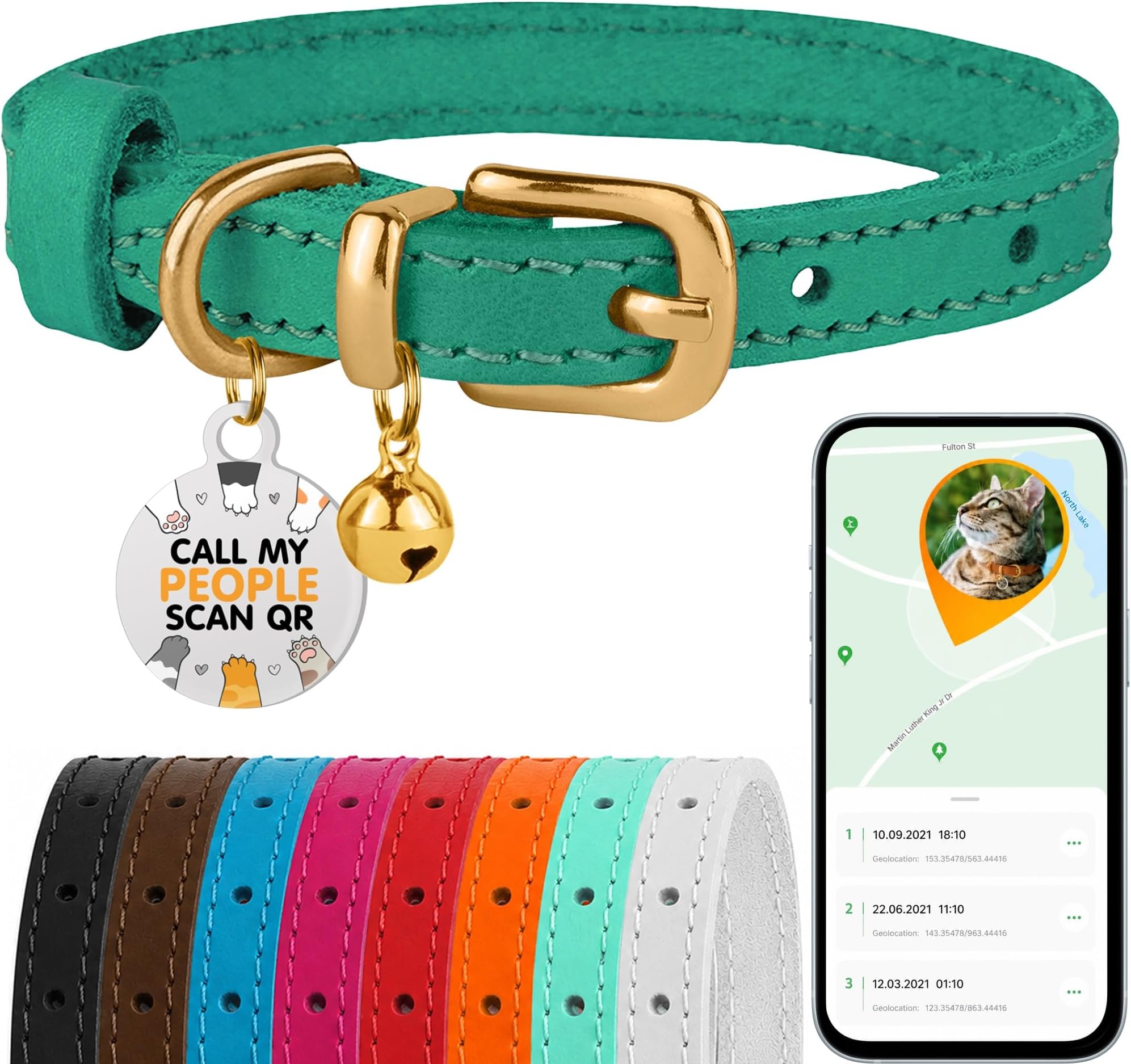 Leather Cat Collar, Removable Bells, QR Tag (9-12", Green & Gold)