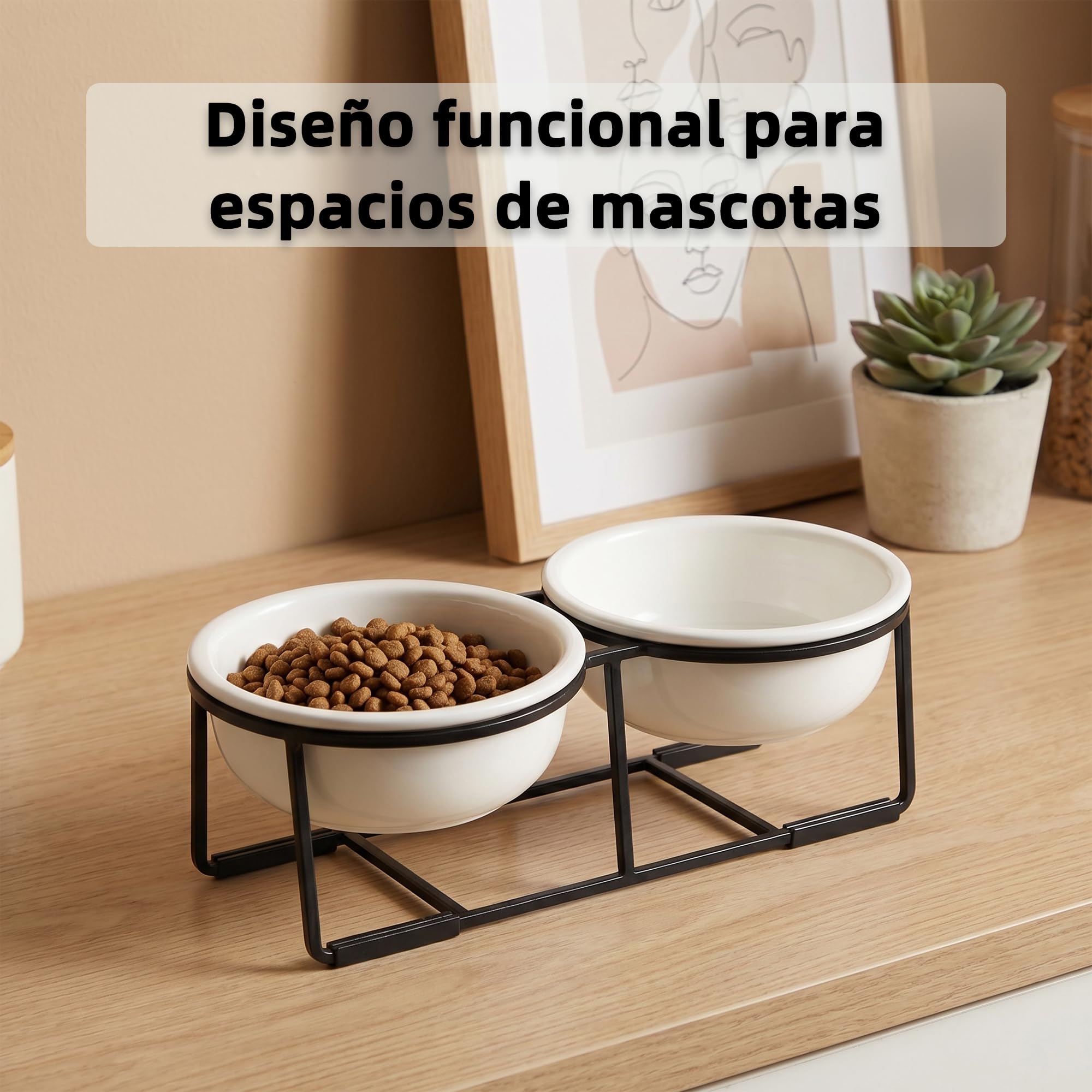 Comedero Perro Elevado de Cerámica - Juego de Cuenco Perro con Soporte de Metal Antideslizante - Comedero y Bebedero Perro - Platos para Perros - Bol Doble para Cachorros y Gatos - 2 x 375 ml - Blanca