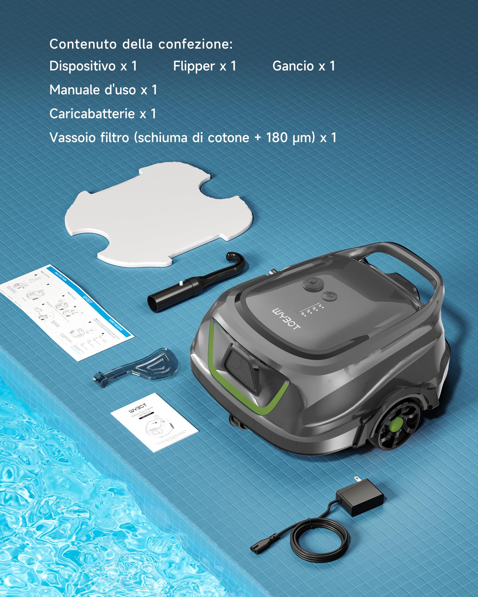 WYBOT A1/OS2010 Robot Piscina Manutenzione, Doppia Turbina Pulizia Profonda, 120 Minuti Potenza Continua, 100㎡ Adatto Famiglie, Soluzione Completa Fondo Piscina,Verde Salvia