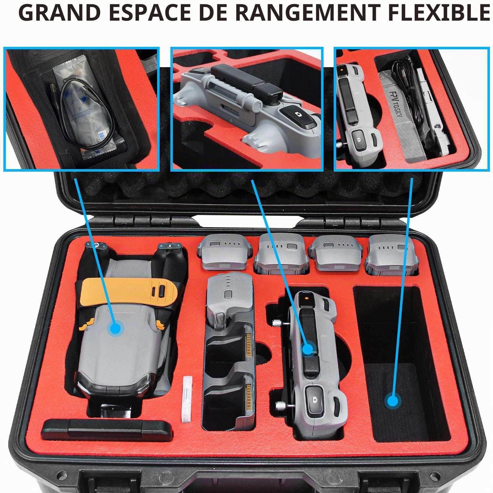 FPVtosky Valise Rigide pour DJI Air 3 Drone/ Fly More Combo Accessories, étui de Transport Rigide étanche pour DJI Air 3, Compatible avec DJI RC 2/RC-N2/RC Pro, jusqu'à 8 Batteries
