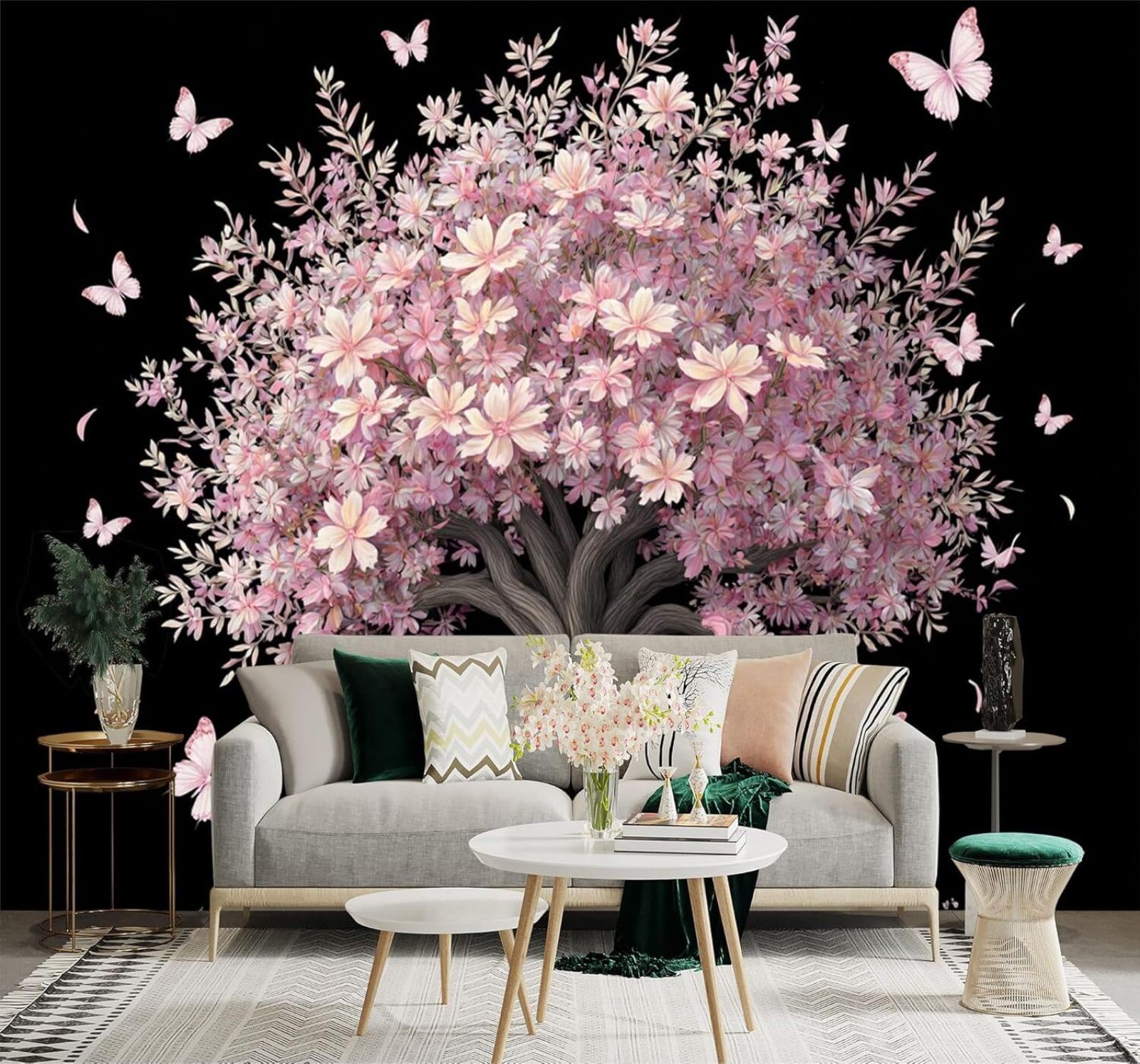 XLMING Beautiful Pink Flowers Trees Butterflies Falling Petals 3D Wallpaper Silky Texture Home Study Office Grey Dining Room Sofa Bedroom Living Room TV Backdrop-250cm×170cm