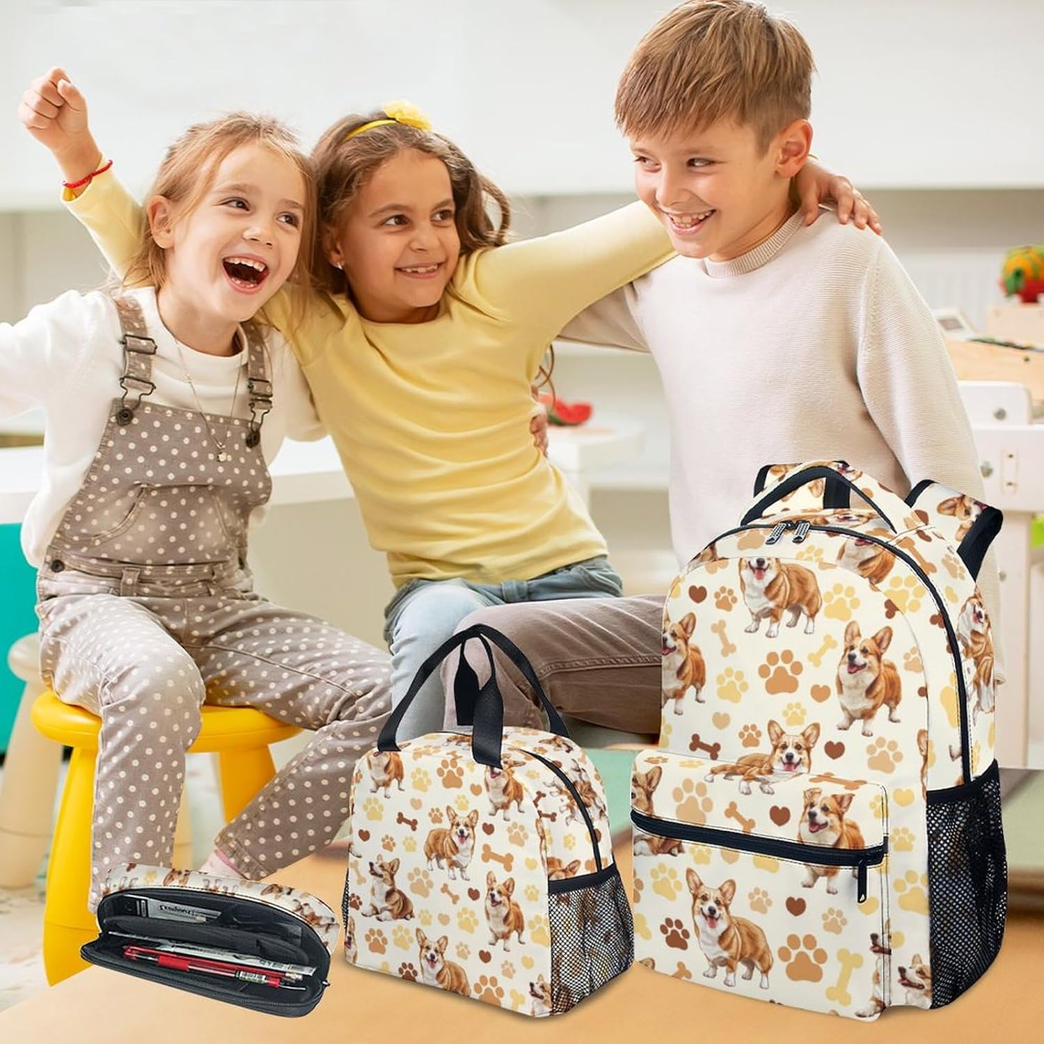 Kids Backpack Set for Boys, 17 Inch Dog Backpacks with Lunch Box for Girl, 3 in 1 Cute Corgi Bookbag for School Travel
