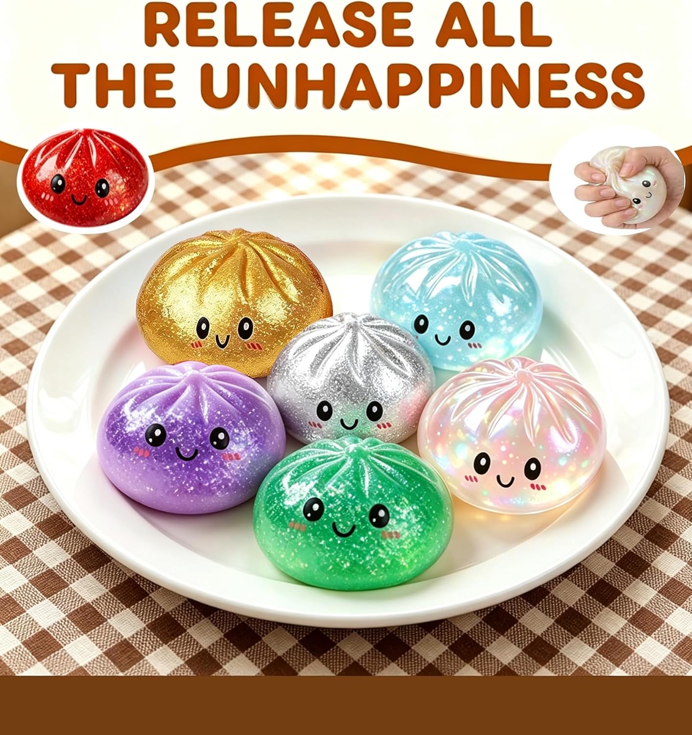 Dumpling Squishies, Mystery Squishy Dumpling Box, Colorful Dumplings Stress Balls Fidget Sensory Toy, Stretchy Desk Toys with Food Steamer for Easter Basket Stuffers, Parties, for Adults Kids, 4pcs
