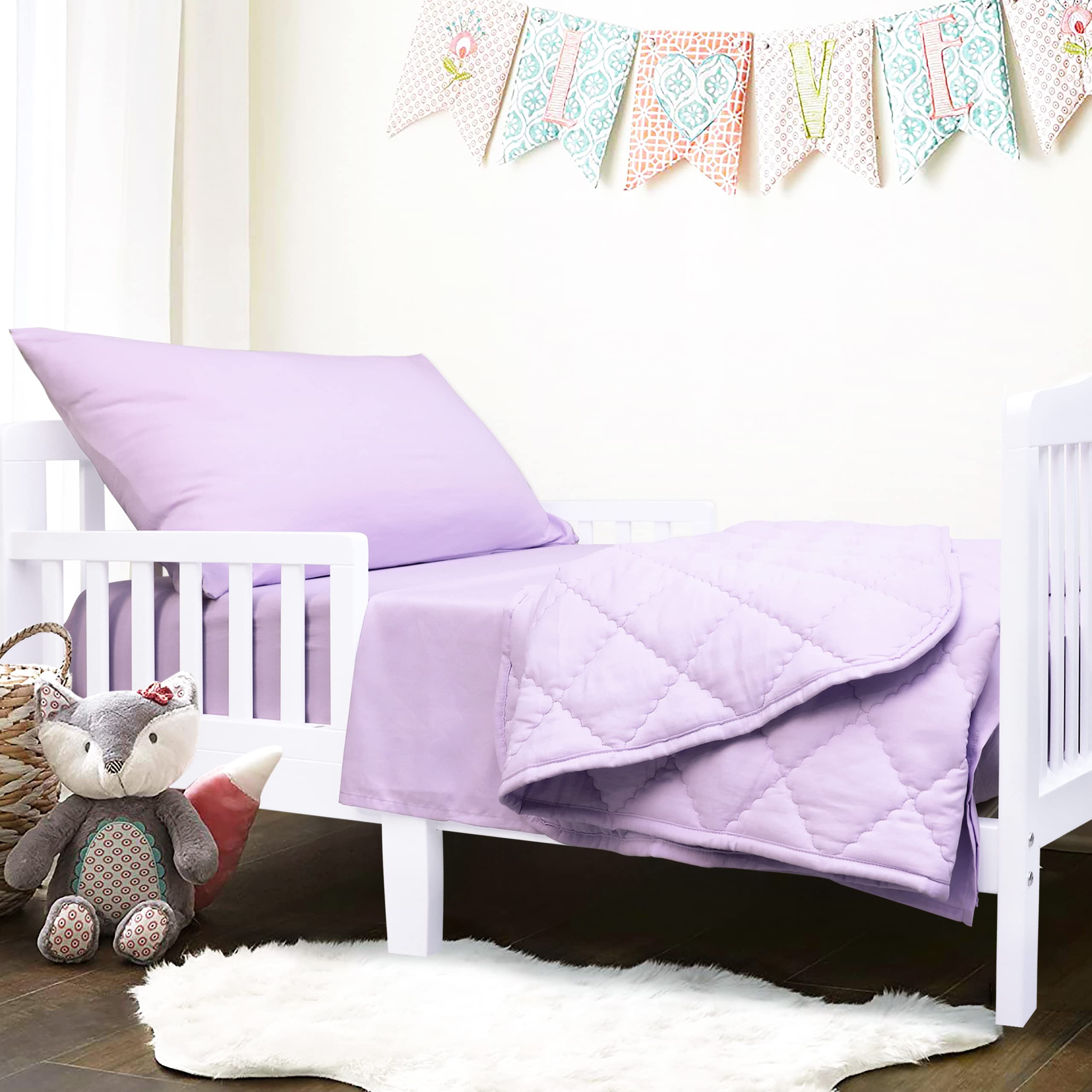 FLXXIE 4 Pieces Toddler Bedding Set, Soft and Breathable Microfiber Crib Sheet Set, Includes Quilted Comforter, Flat Top Sheet, Fitted Sheet, Envelope Pillow Case for Boys and Girls, Light Purple