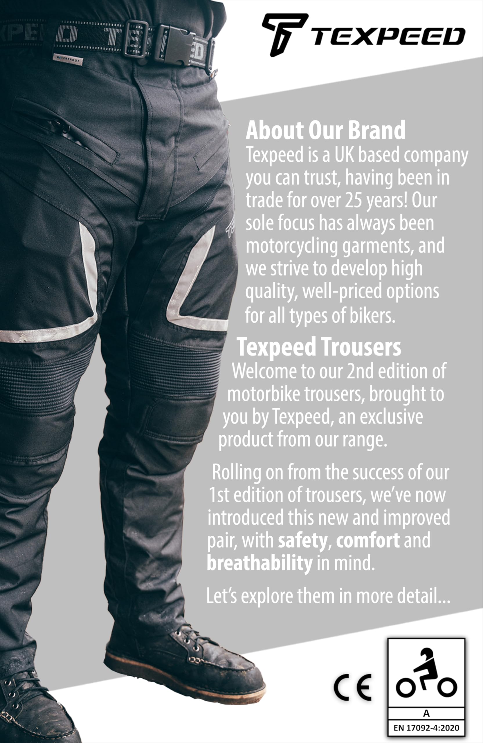Texpeed Motorcycle Biker Trousers Mens Motorbike Waterproof Textile Cordura Pants With Protective CE Armour (EN 1621-1) Black - 40W / 30L — view 4