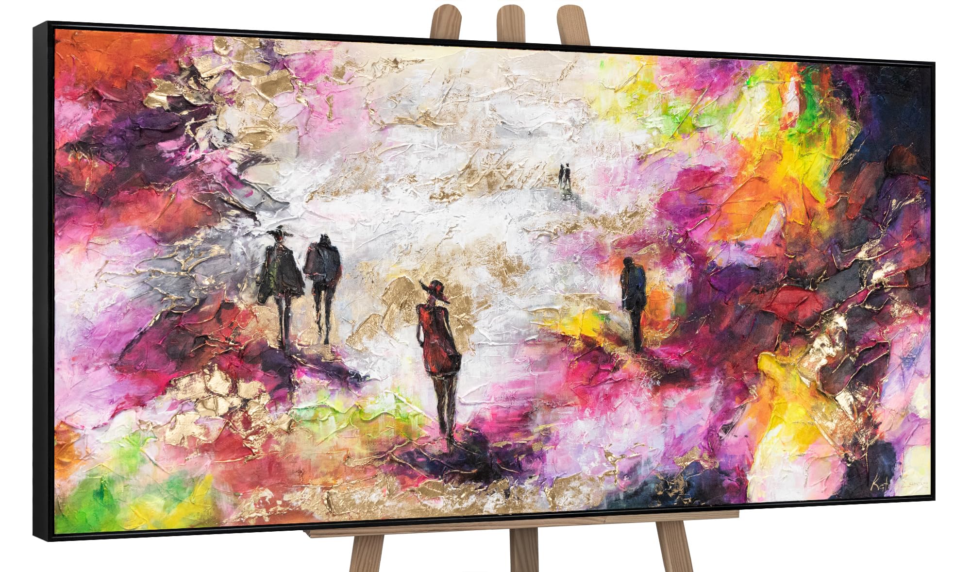 YS-Art Hand-painted acrylic painting in frame Spring chill Textured abstract artwork in vivid color Modern art people figurines 56x28 inches