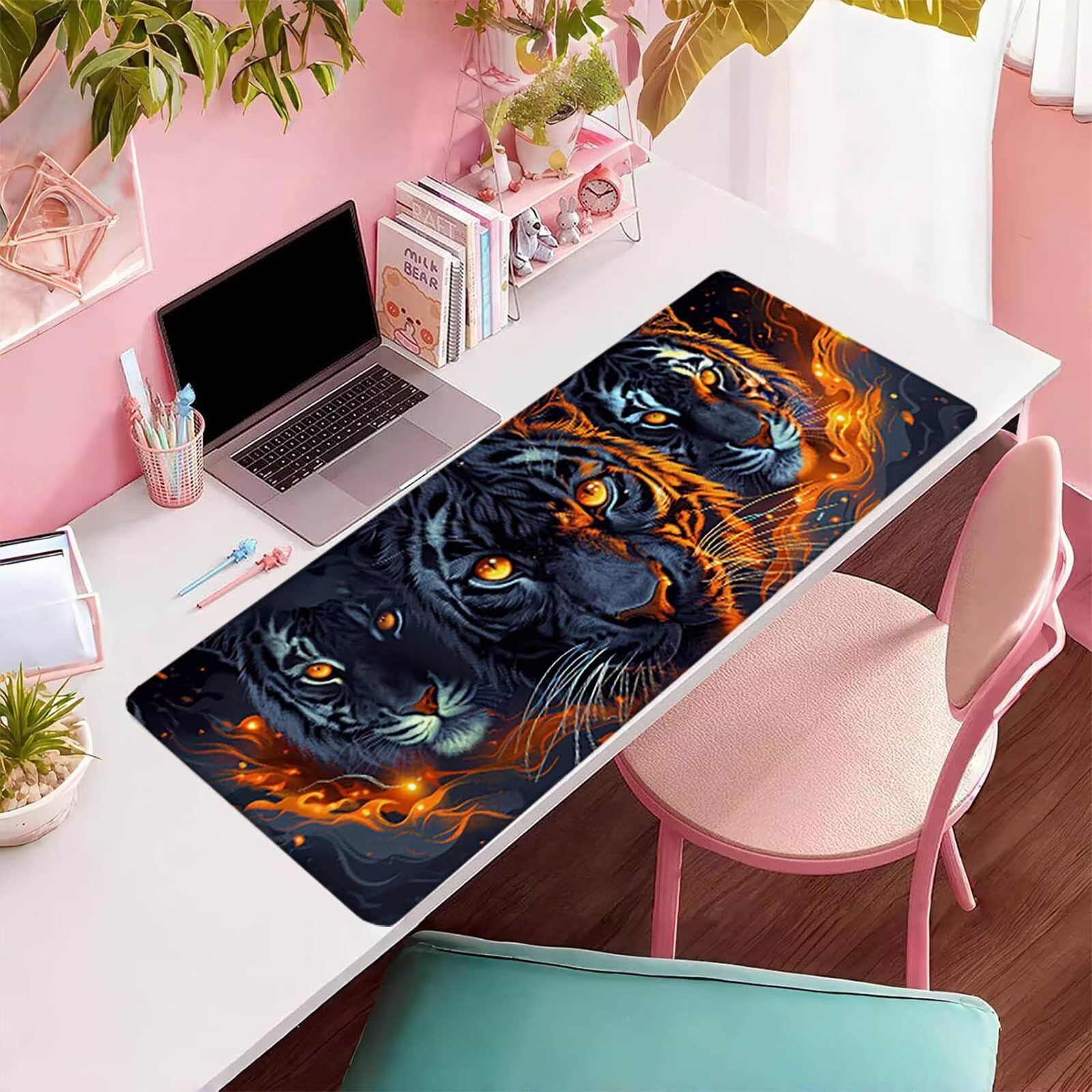 szara podkładka pod mysz, tygrys XXL, 1600 x 800 x 3 mm, podkładka na biurko z przyszytymi krawędziami, podkładka pod mysz dla graczy, poprawia precyzję i prędkość, akcesoria na biurko, prezent dla
