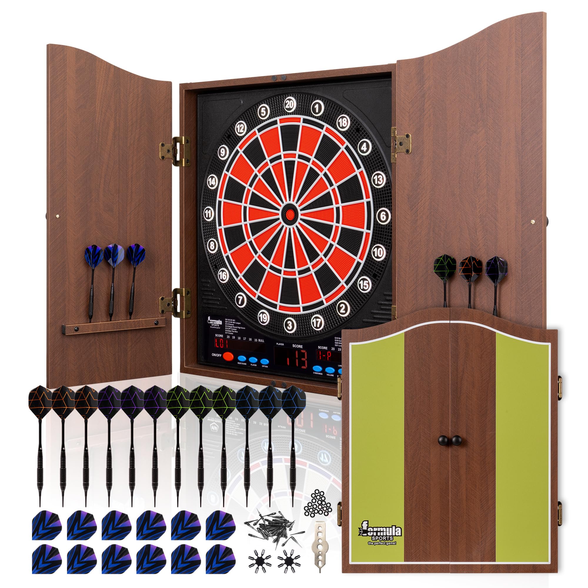 Electronic Soft Tip Dartboard with Wood Cabinet, 13.5 in Target, 34 Games 355 Variations for Maximum 8 People, 12 Darts and All Accessories Included (Green)