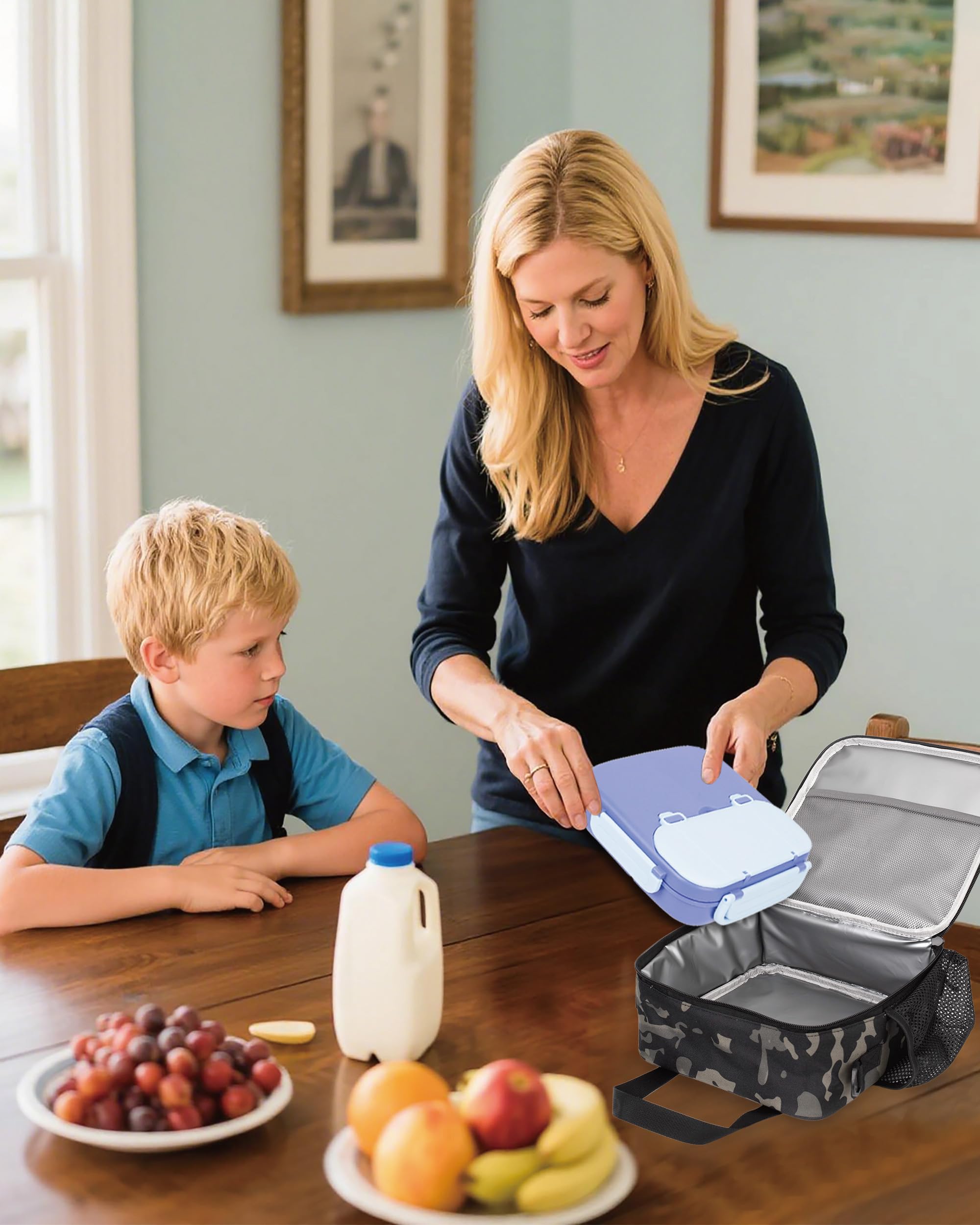 Lunch box tattica per ragazzi, borsa termica per bambini con tracolla e porta-bottiglia, piccola borsa frigo riutilizzabile e idrorepellente per scuola e asilo