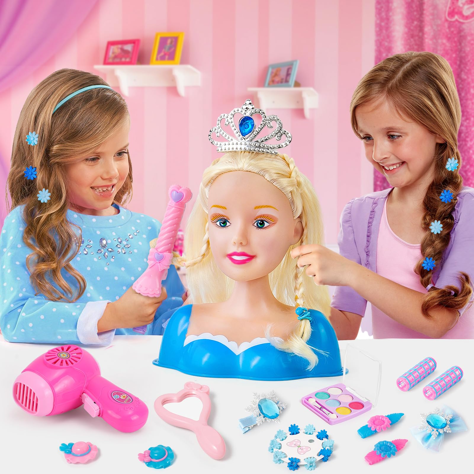 SVMK Hair Styling Doll Head Makeup for Girls Toys Kids Practice Pretend Play Beauty Set with Hairdryer Curling Iron Crown Brushes Comb Accessories Birthday Gifts for Girls 3 4 5 6+ Years Old Christmas