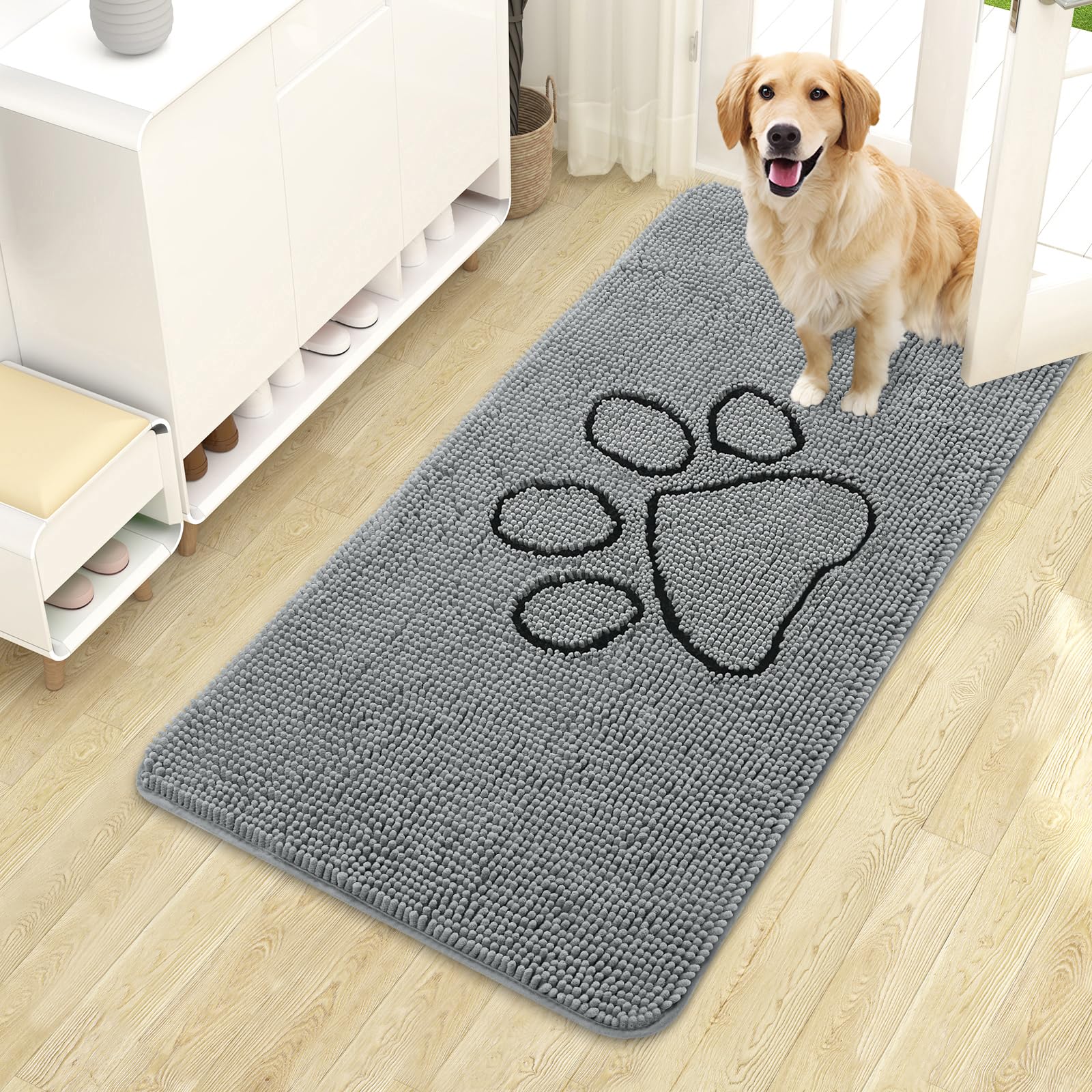 OLANLY Dog Door Mat for Muddy Paws 44x24, Paw Print Design Chenille Mud Mat
