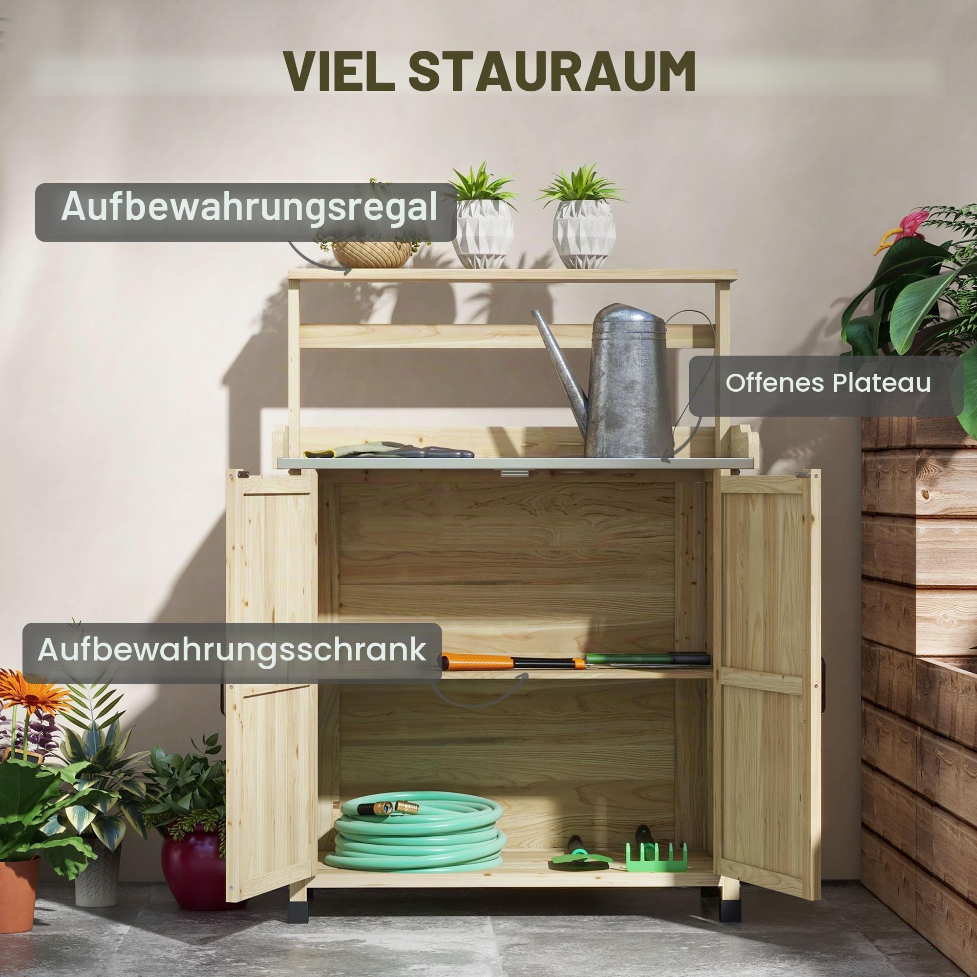 Outsunny Pflanztisch, Outdoor Holz-Pflanztisch mit 2 Regalen, Natur