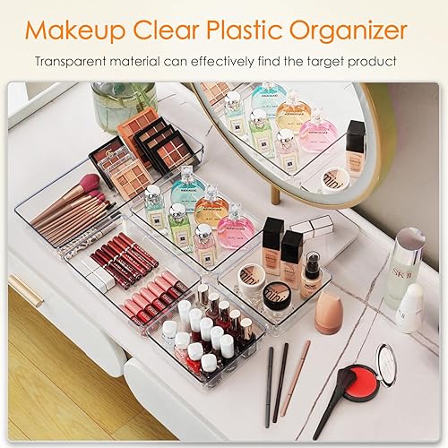 Miniatura 5 de Criusia Organizador de cajones, paquete de 10 organizadores grandes de plástico transparente, 3 tamaños versátiles bandejas organizadoras de cajones
