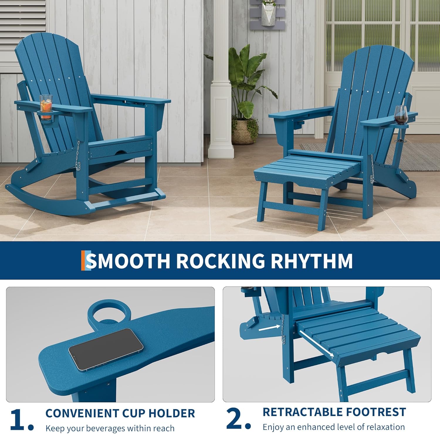 Rocking Adirondack Chairs, Folding Adirondack Rocking Chair With Footrest, Adirondack RockingChair Outdoor With Retractable Ottoman and Cup Holder