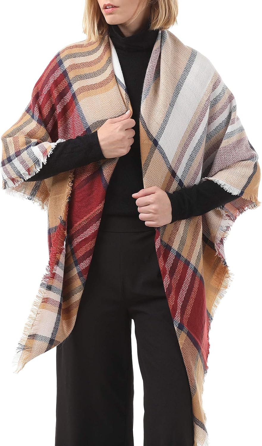 Miniatura 4 de Bufanda clásica de otoño e invierno para mujer, bufanda a cuadros con borlas, cálida, suave, gruesa, grande, bufandas