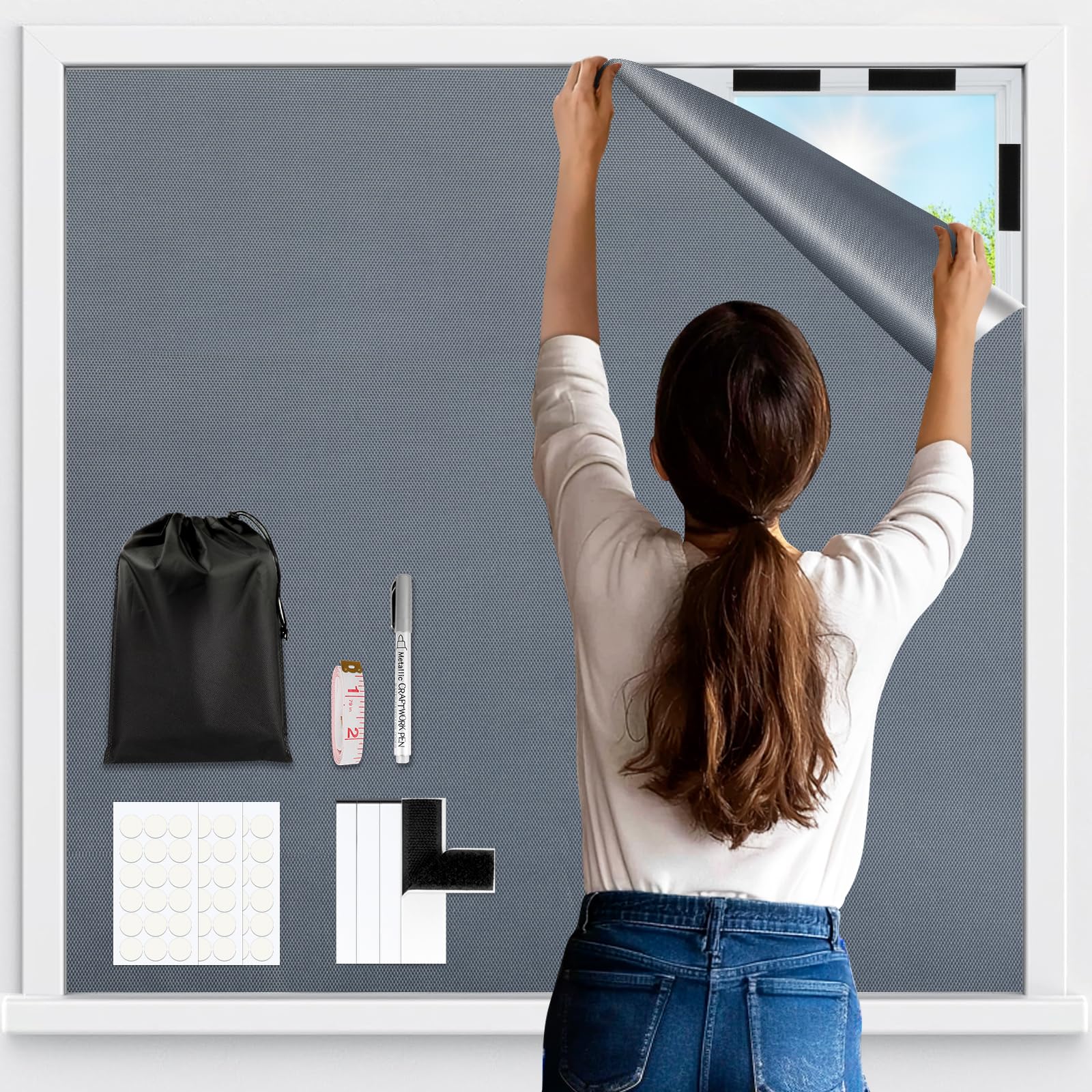 Vexyra Fenster Verdunkelung 200x148cm, 100% Lichtundurchlässig Dachfenster Verdunkelung Innen Ohne Bohren, Sonnenschutz Fenster Hitzeschutz Verdunklungsstoff Zuschneidbar für Schlafzimmer & Reise