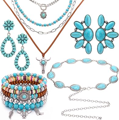 JATEBI 5 Pcs Western Bohemian Layered Jewelry Turquoise Set