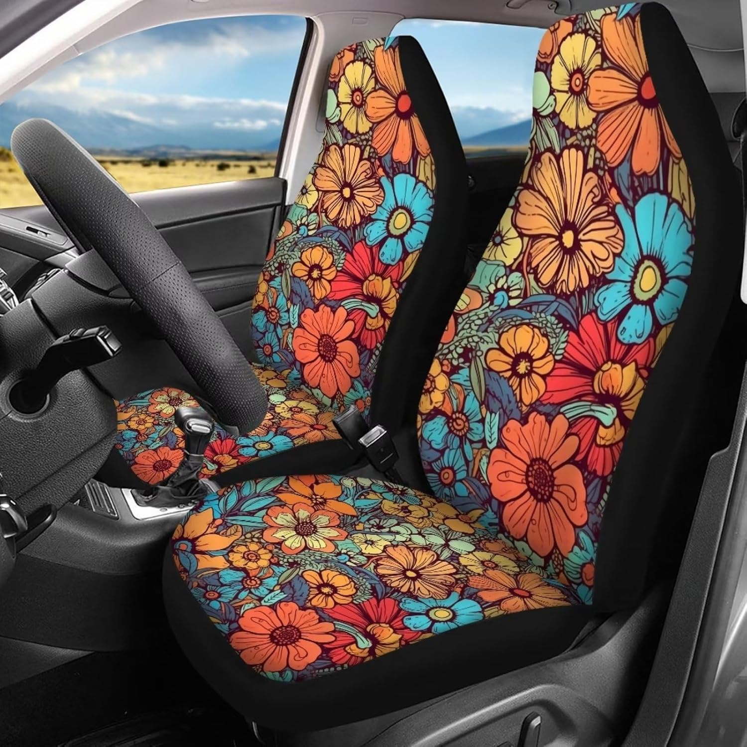 DISNIMO Girly Seat Covers for Women Girls Abstract Groovy Flower 2 Pcs Car Seat Covers Set Car Seat Protectors for Vehicle Accessories Interior Car Mat Covers Universal Fit Most SUV Van Truck