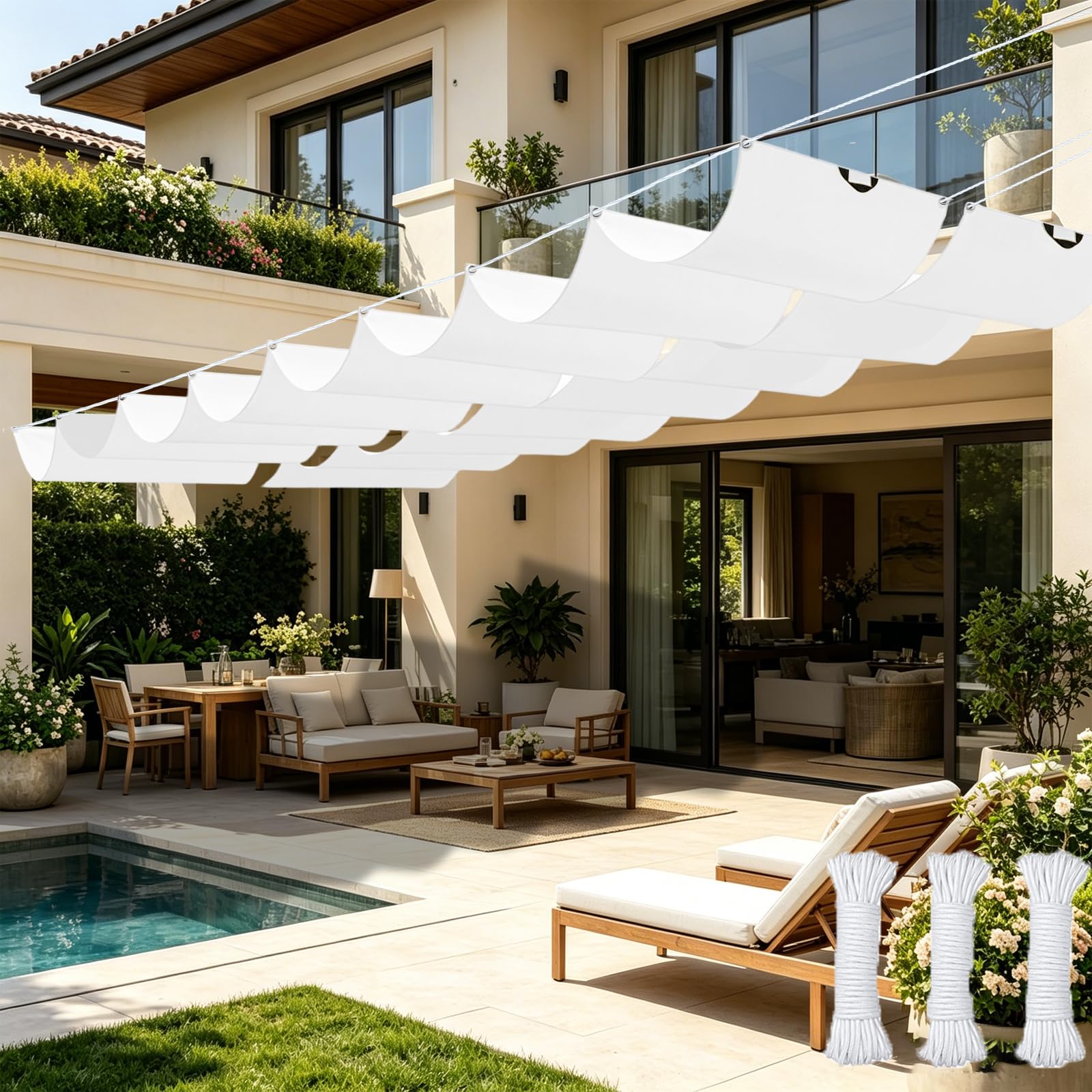 Einziehbares Welle Sonnensegel 0.75 x 5 m Wasserdicht, Uv-Schutz, Wetterfest, Nach Maß, Verstellbar Schattenabdeckung mit Ösen Und Kordel für Outdoor Pergola Garten, Weiß