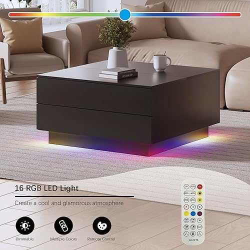 Miniatura 5 de Mesas de centro cuadradas con almacenamientos, moderna mesa de centro negra para sala de estar, mesas de centro de tapa abatible y 2 cajones