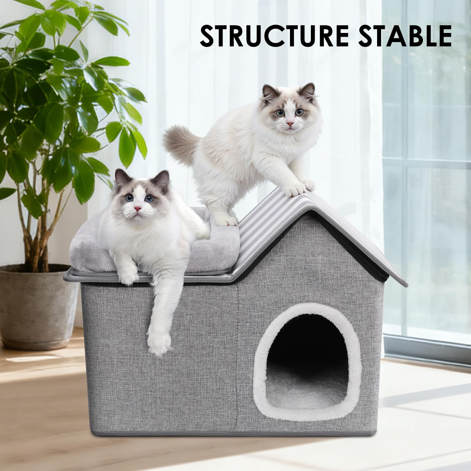 Masthome Niche pour Chat Intérieur Semi-Ouverte, Maison pour Chat 2 Étages sans Assemblage, Lit Pliable avec Coussin Amovible en Lin Respirant, Confortable pour Chatons et Petits Chiens Gris