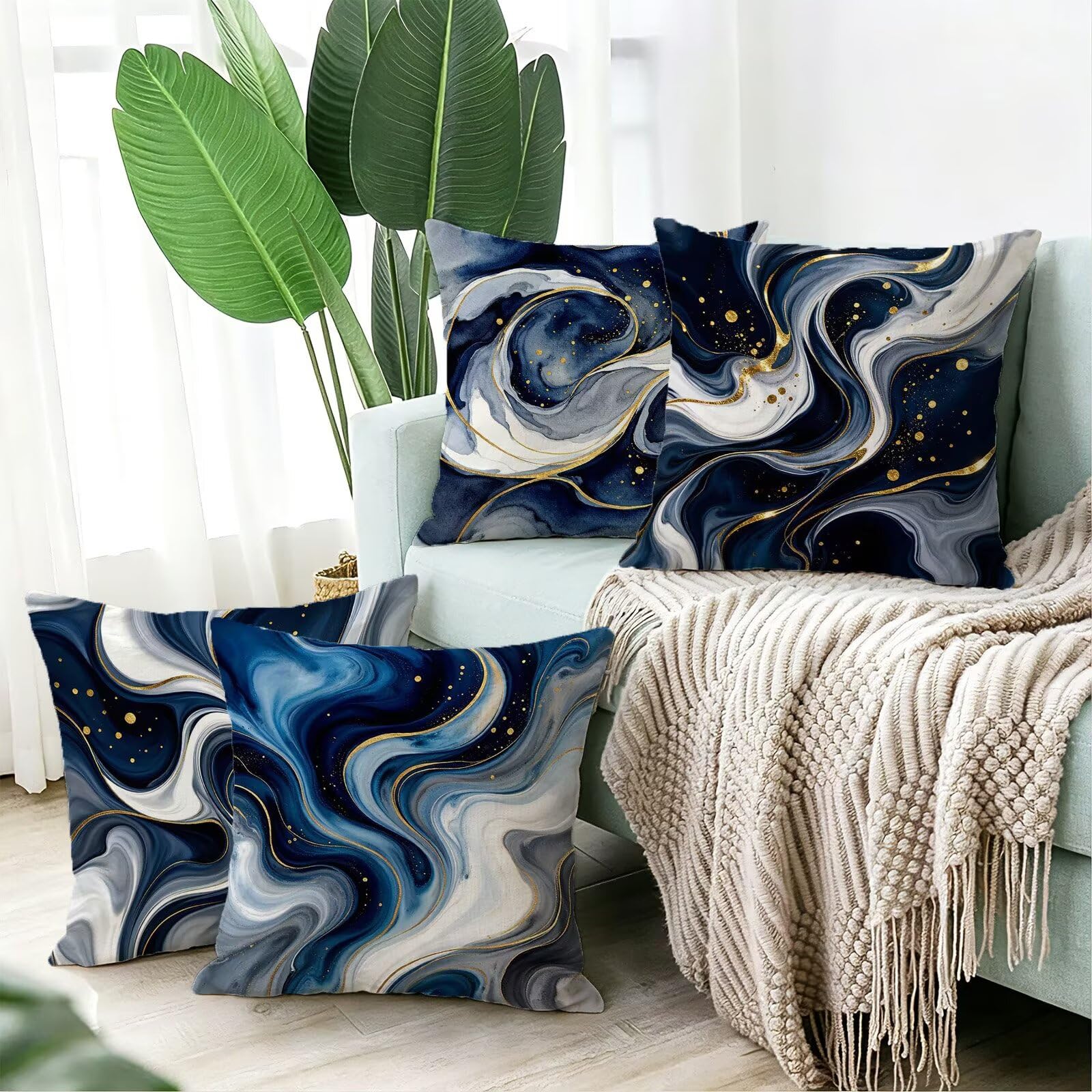 Blu Federe Cuscini Divano 40x40cm, Cuscini da Esterno Set de 4, Cod-152 | Lin Copricuscini Decorativi Letto Arredo, per Letto, Soggiorno, Giardino, Esterno, Casa Decorazione Set di 4 Naturale