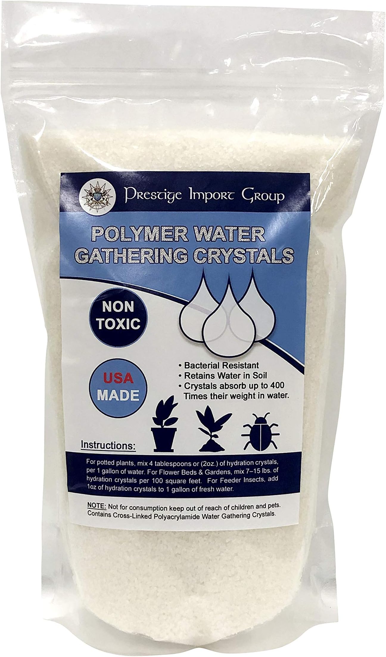 Prestige Import Group Water Gathering Polymer Crystals - Superabsorbent Cross-Linked Polyacrylamide Helps Store Water & Nutrients - 1 lb