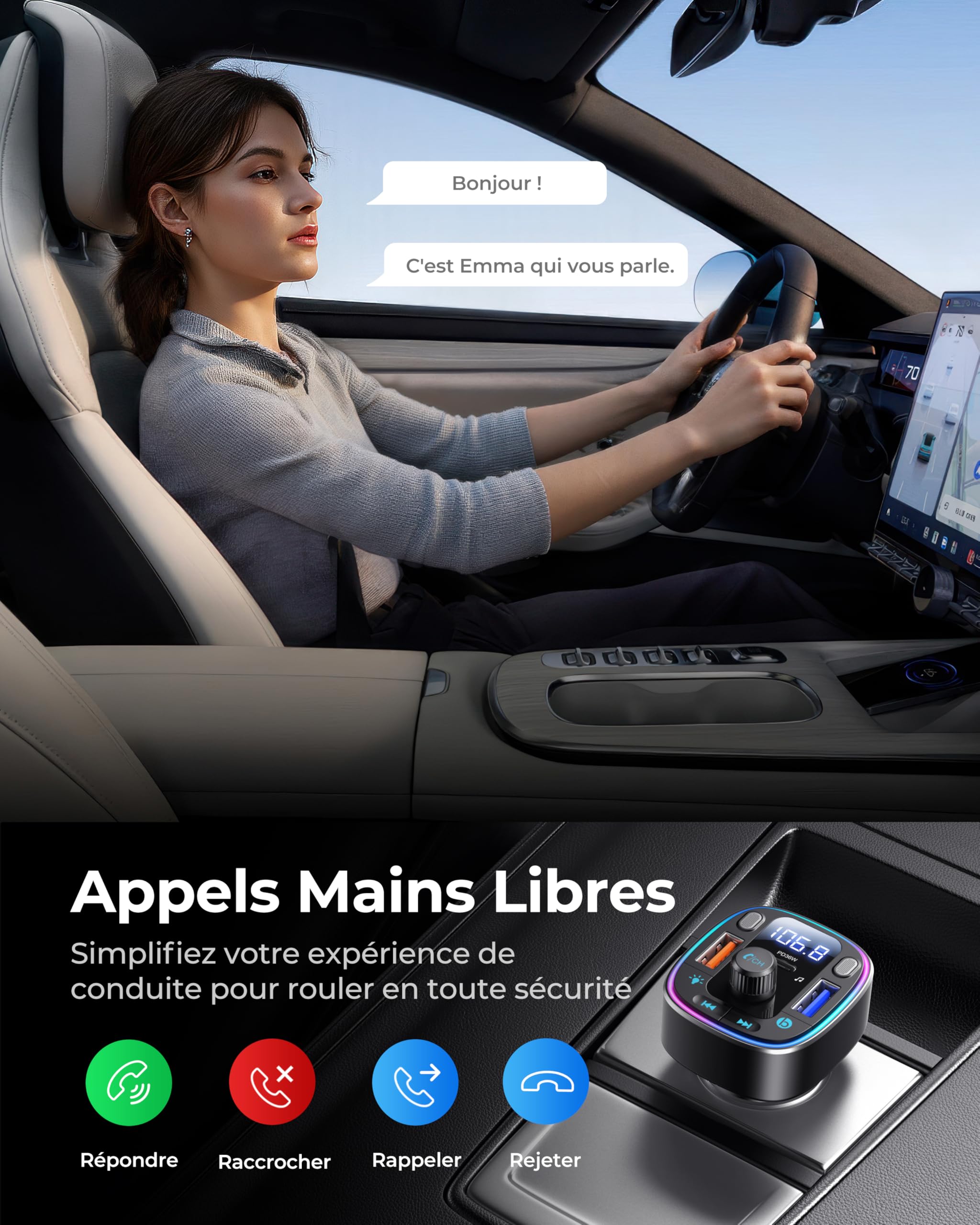 LENCENT Transmetteur FM Voiture Bluetooth 5,4 et 54 W, Adaptateur Bluetooth, Double Ports USB, Charge Rapide (PD 36 W & QC3,0), Adaptateur de Musique, Appel Mains Libres, Double Microphone et clé USB