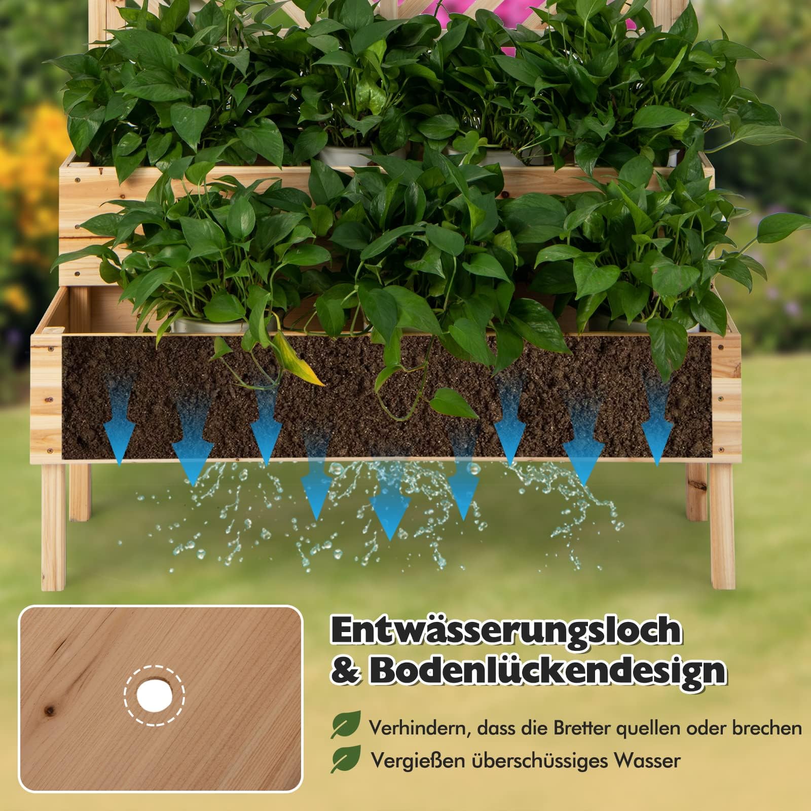FANTASK Bloembak, verhoogd bloembed, hout, tuinbed voor groenten, fruit, kruiden, plantenbak voor tuin, gazon, terras, balkon, douche