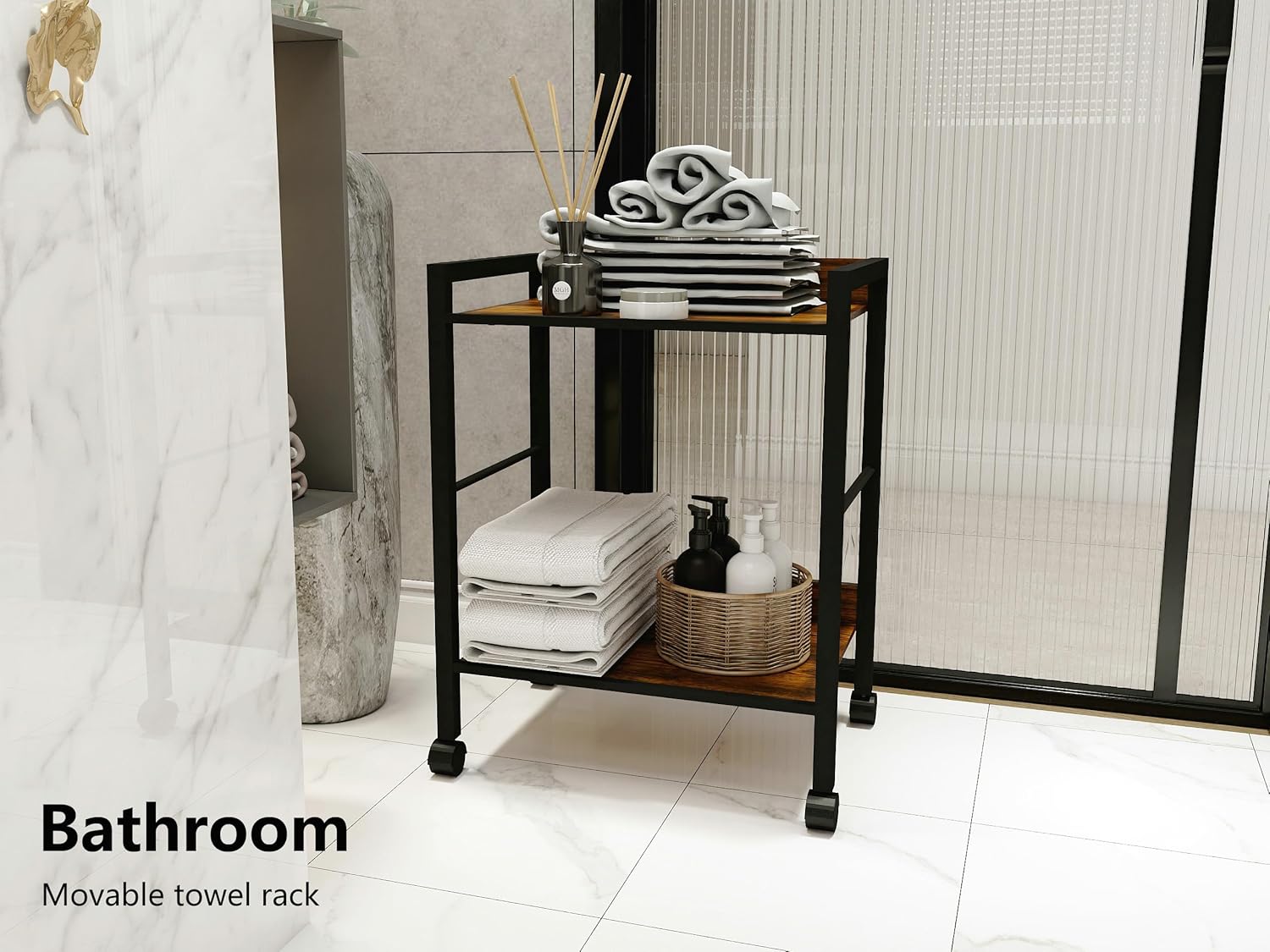 2-Tier Rolling Utility Cart Night Stand Organizer with Brown Wood Shelves and Black Metal Frame, End Side Table Storage Trolley on Wheels for Kitchen Office, Bathroom, Living Room