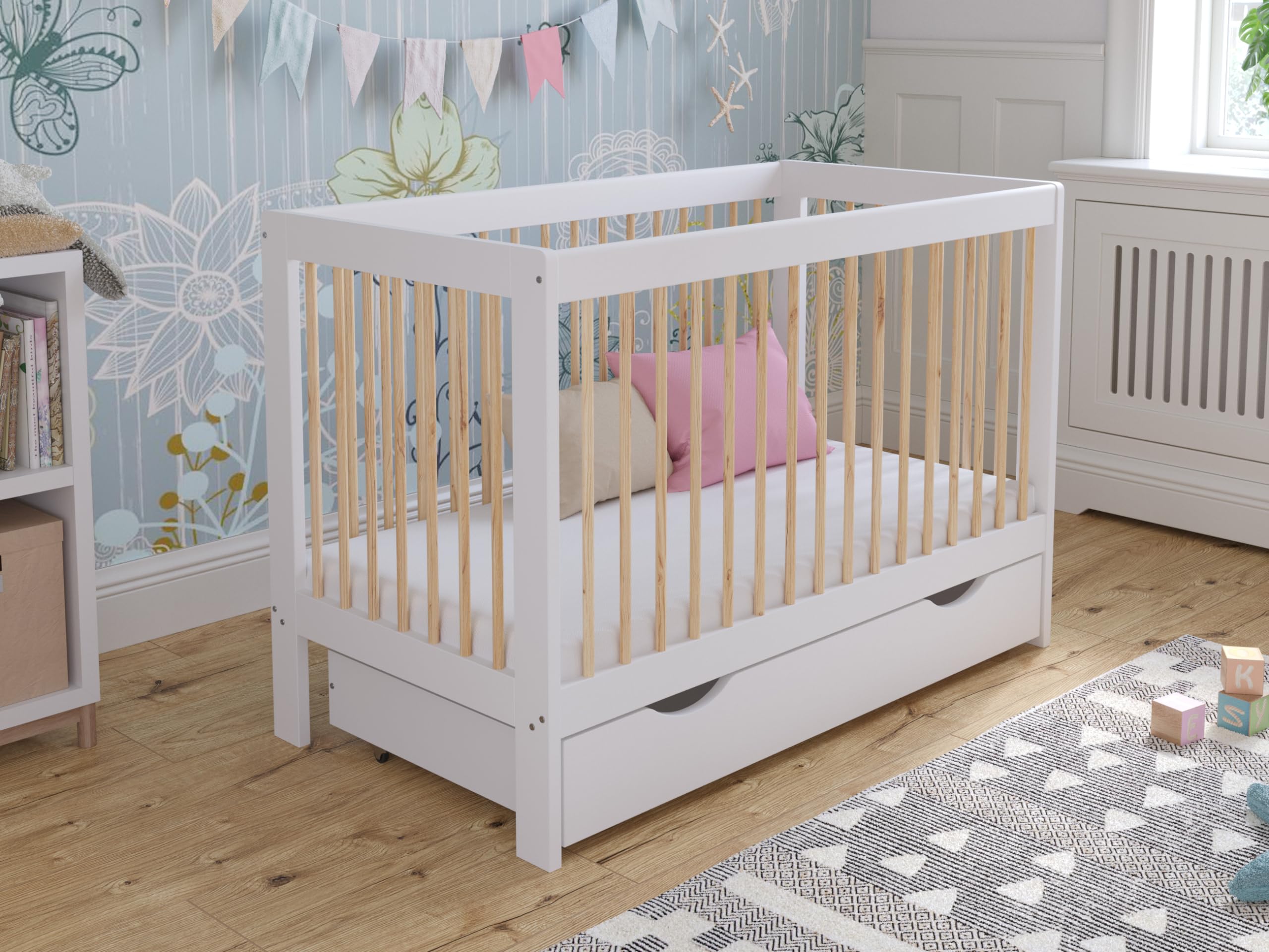 Love For Sleep Cuna Convertible en Cama 120x60cm Convertible con Barrera De Seguridad Blanco-Pino Luca Juego Completo de Cuna