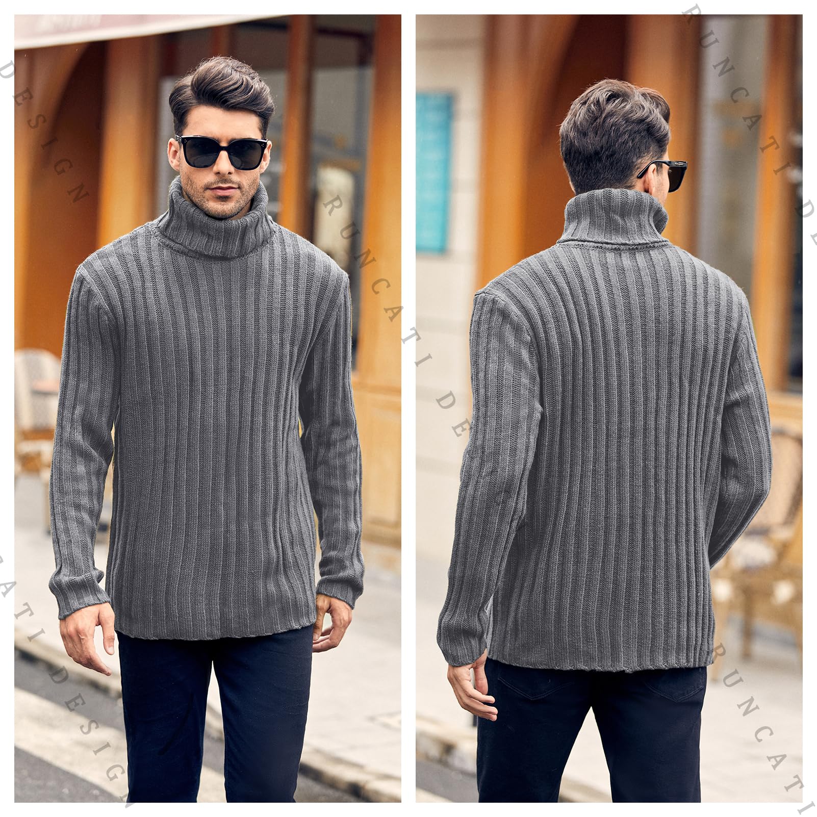 Runcati Maglione a collo alto, da uomo, a treccia, per autunno e inverno, a maglia grossa, tinta unita