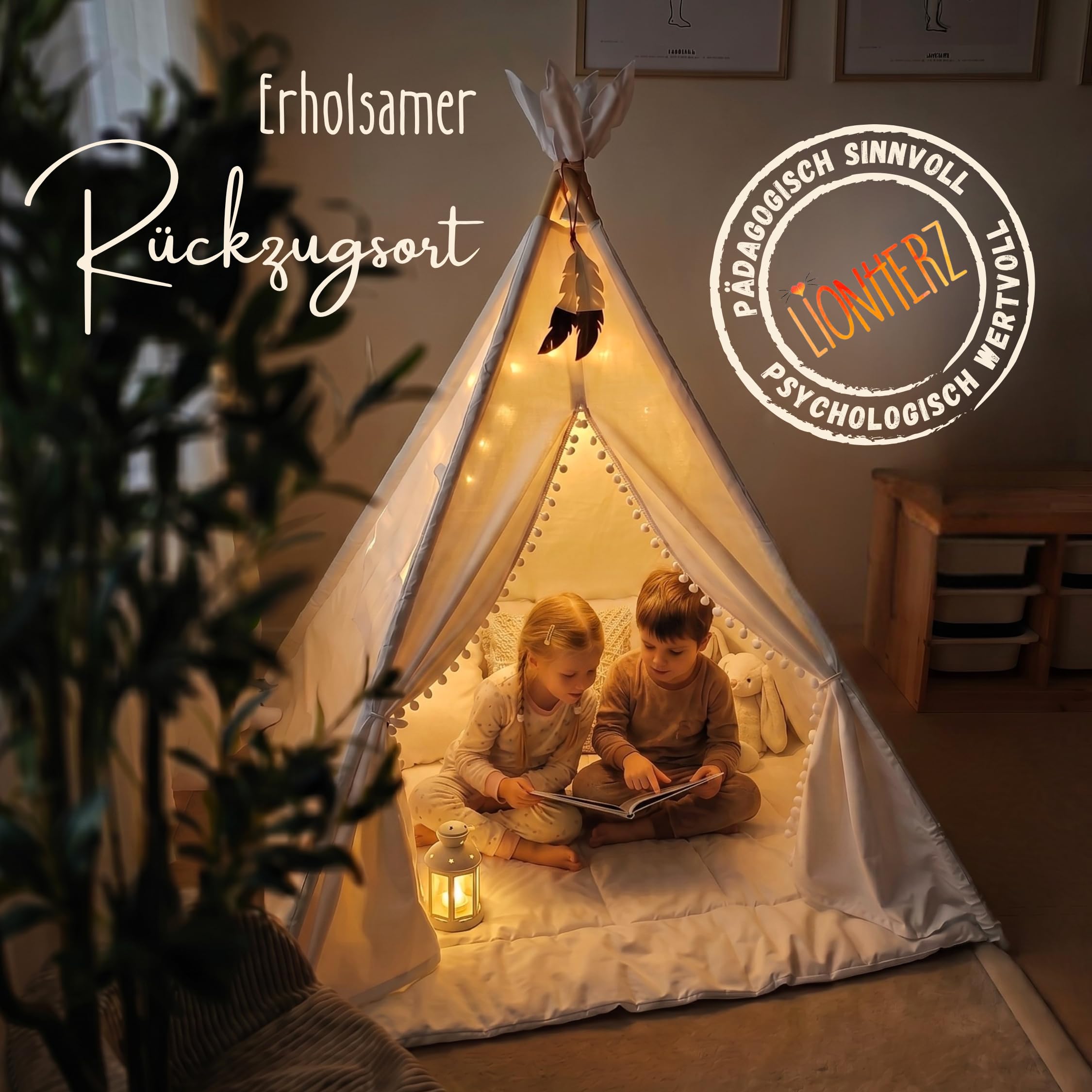 LIONHERZ® DAS ORIGINAL Tipi Zelt Kinder 100% Baumwolle | Kinderzelt Indoor | Tippi inkl. Matte, Stabilisator & Federdeko | atmungsaktiv | Kinderzimmer für Mädchen & Jungen