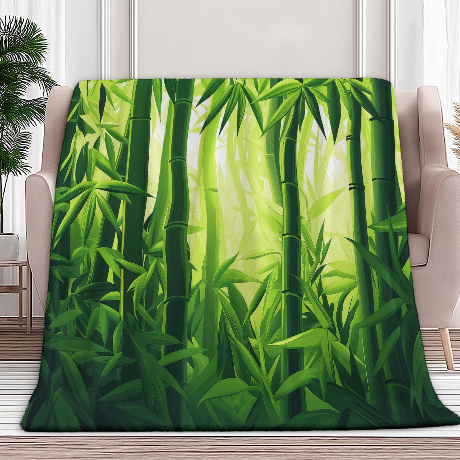 Natura Rośliny Bambusowy koc z nadrukiem, super miękki, flanelowy, lekki, wygodny, ciepły, żółty, zielony, narzuta na kanapę, sofę, łóżko, do biura, 100 x 130 cm