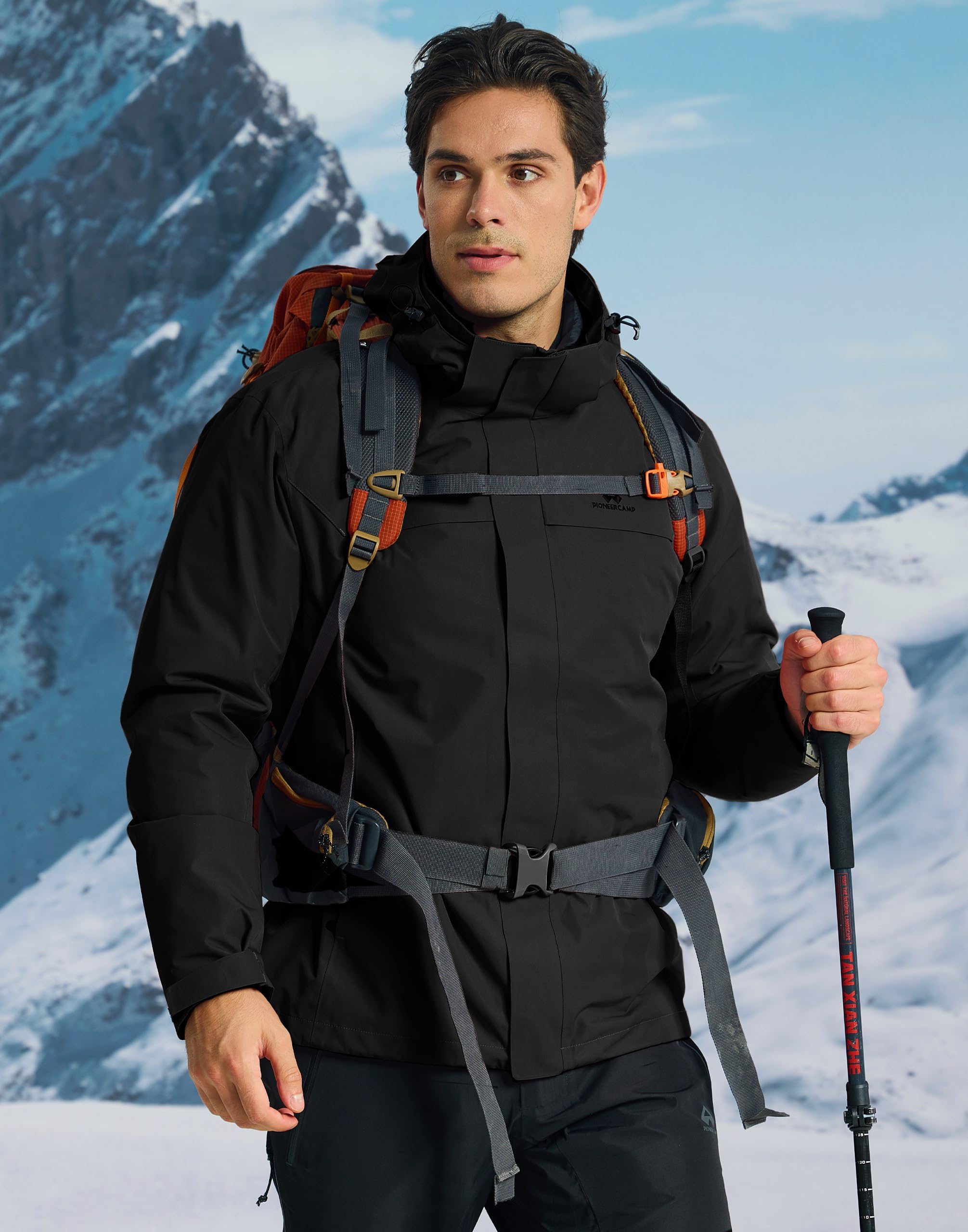 Pioneer Camp Giacca da sci 3 in 1 da uomo, con fodera in piuma, impermeabile e antivento, calda giacca da snowboard con cappuccio regolabile