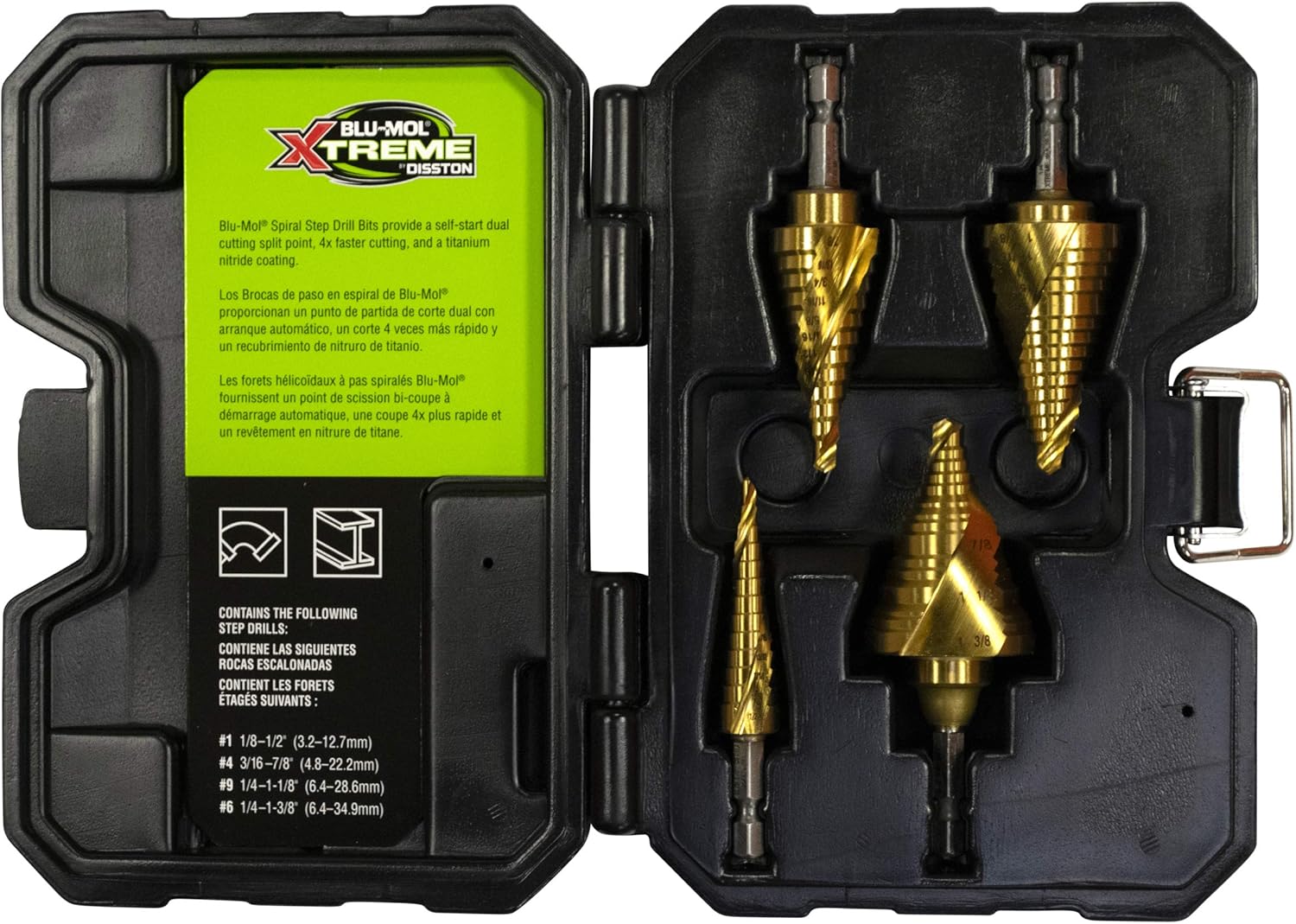 Disston 4-Piece Spiral Step Drill Premium Kit (1/8"-1/2", 3/16"-7/8", 1/4"-1 1/8", 1/4" 1 3/8") E0102786