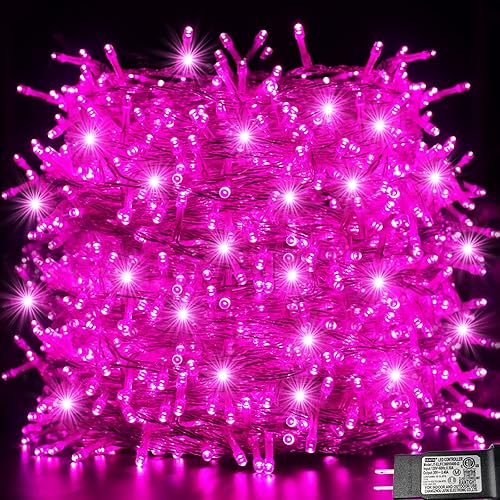 600 luces LED rosadas luces de Navidad rosas de 197 pies 8 modos de enchufe para interiores y exteriores tira de luces de hadas rosadas parpadeantes