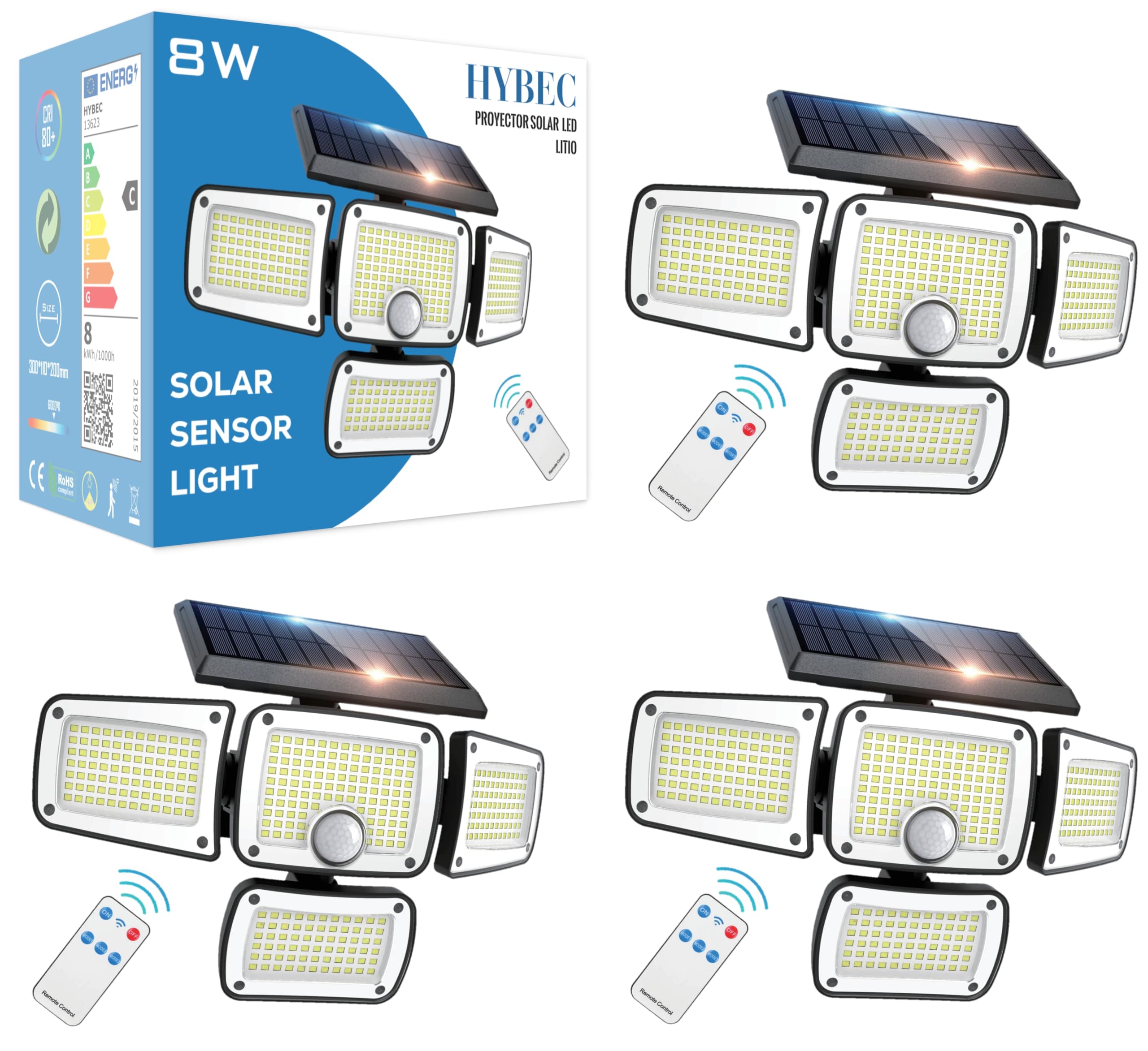 HYBEC - Focos LED Exterior Solares, Foco Solar Exterior, Foco Solar exterior Potente, Focos Solares, Solar Lights Outdoor, Luz Solar exterior con sensor de movimiento, Luces Solares Exterior (Pack 3)